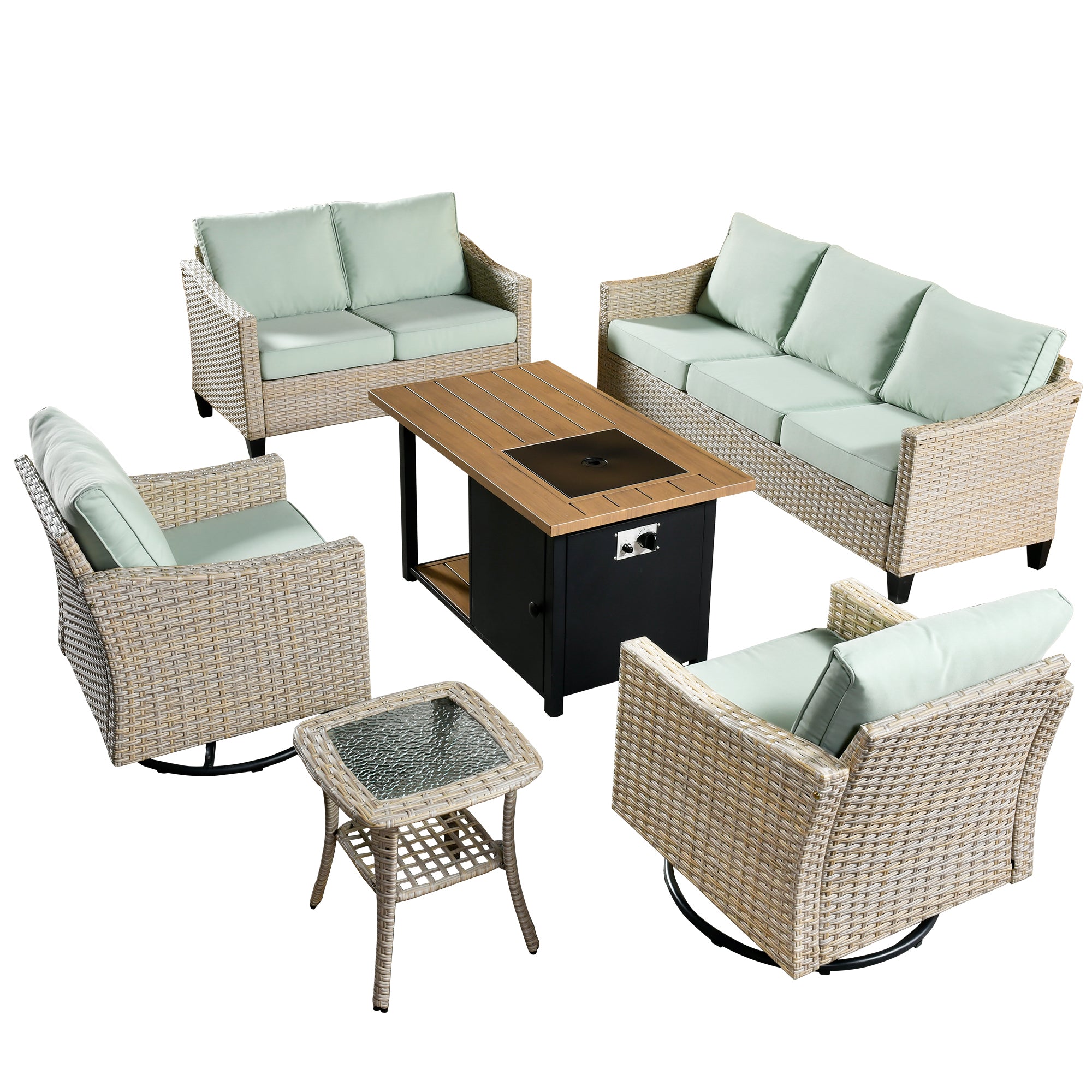 Ovios Athena Series Outdoor Furniture Sets 6-Piece include Swivel Chair & 46'' Fire Pit Table