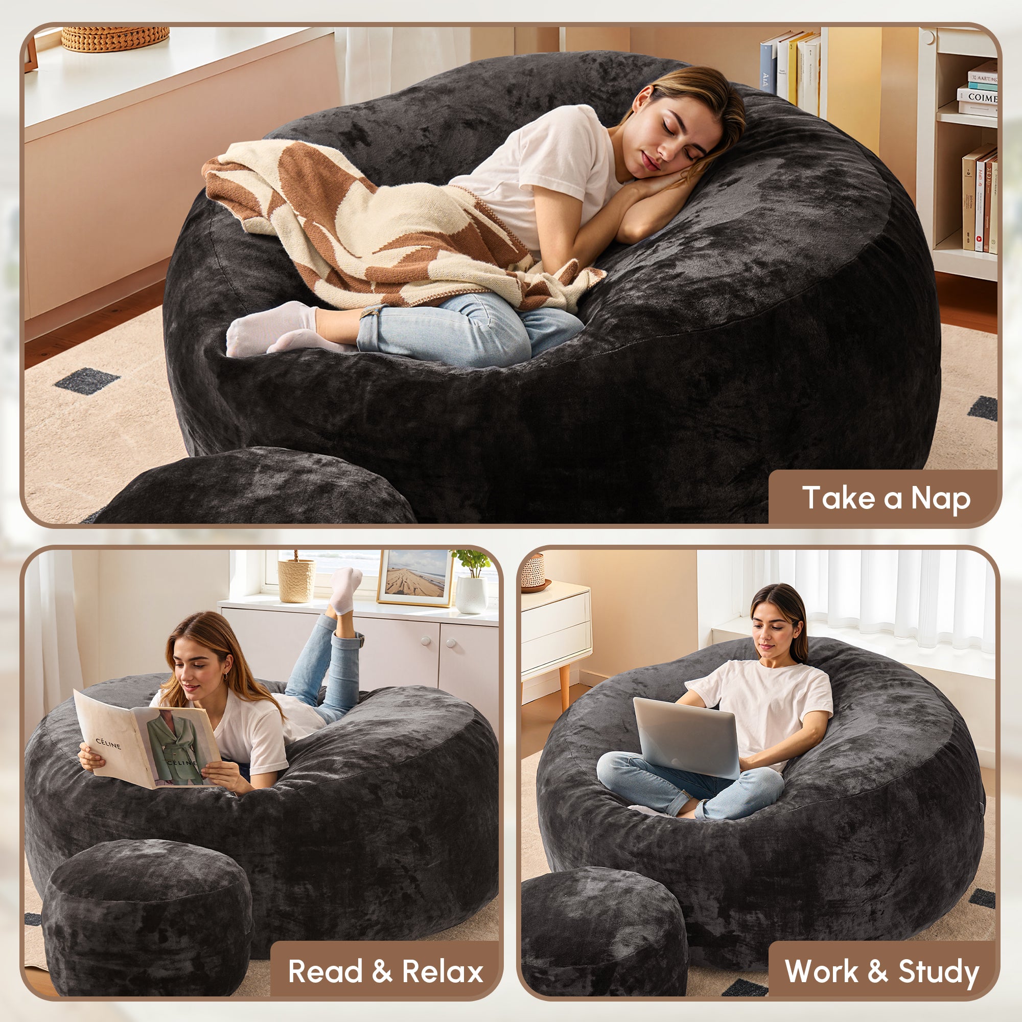 OVIOS Bean Bag Chair Removable Cover, High-Rebound Filling Cozy Furniture for Living Room, Bedroom