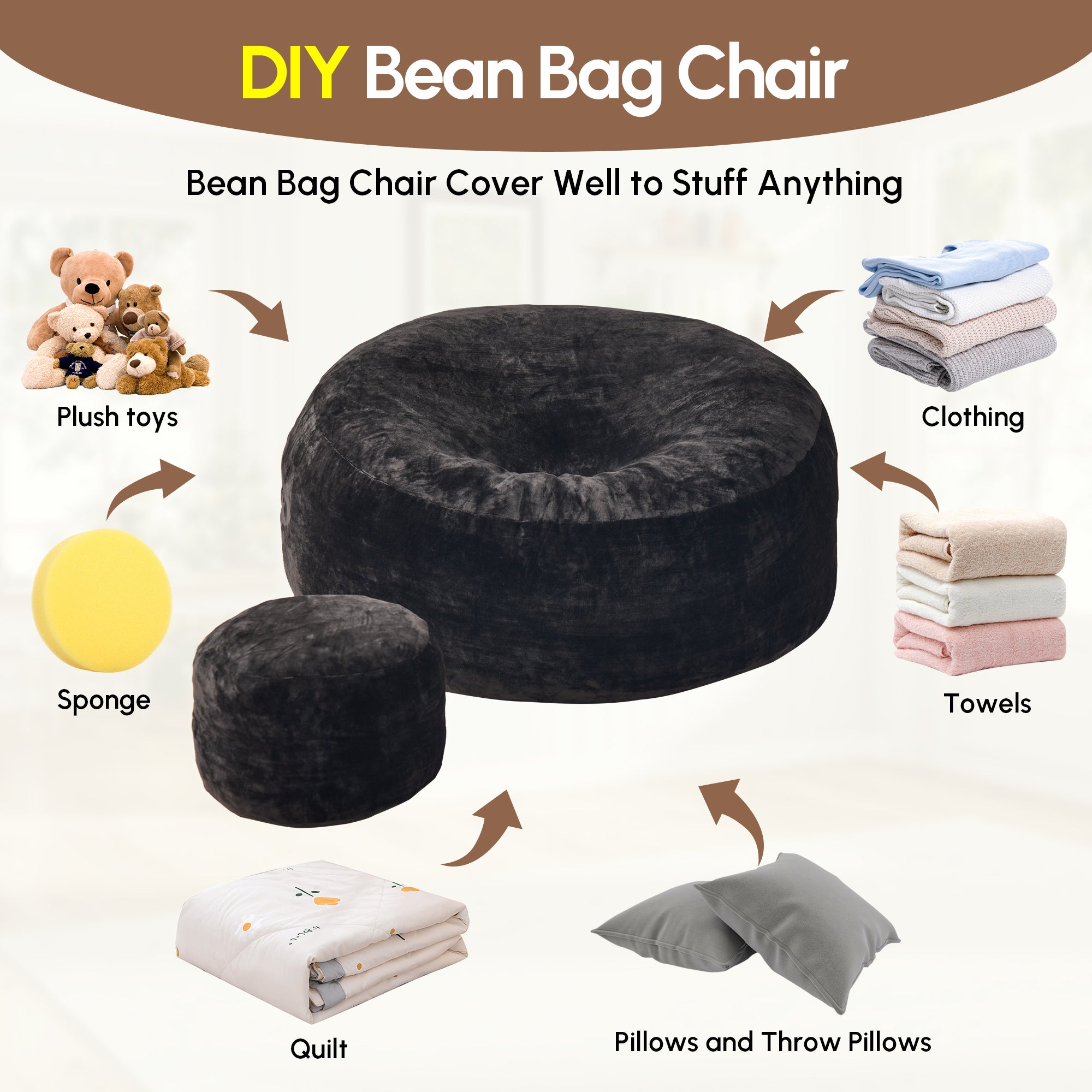 OVIOS Bean Bag Chair Removable Cover, High-Rebound Filling Cozy Furniture for Living Room, Bedroom