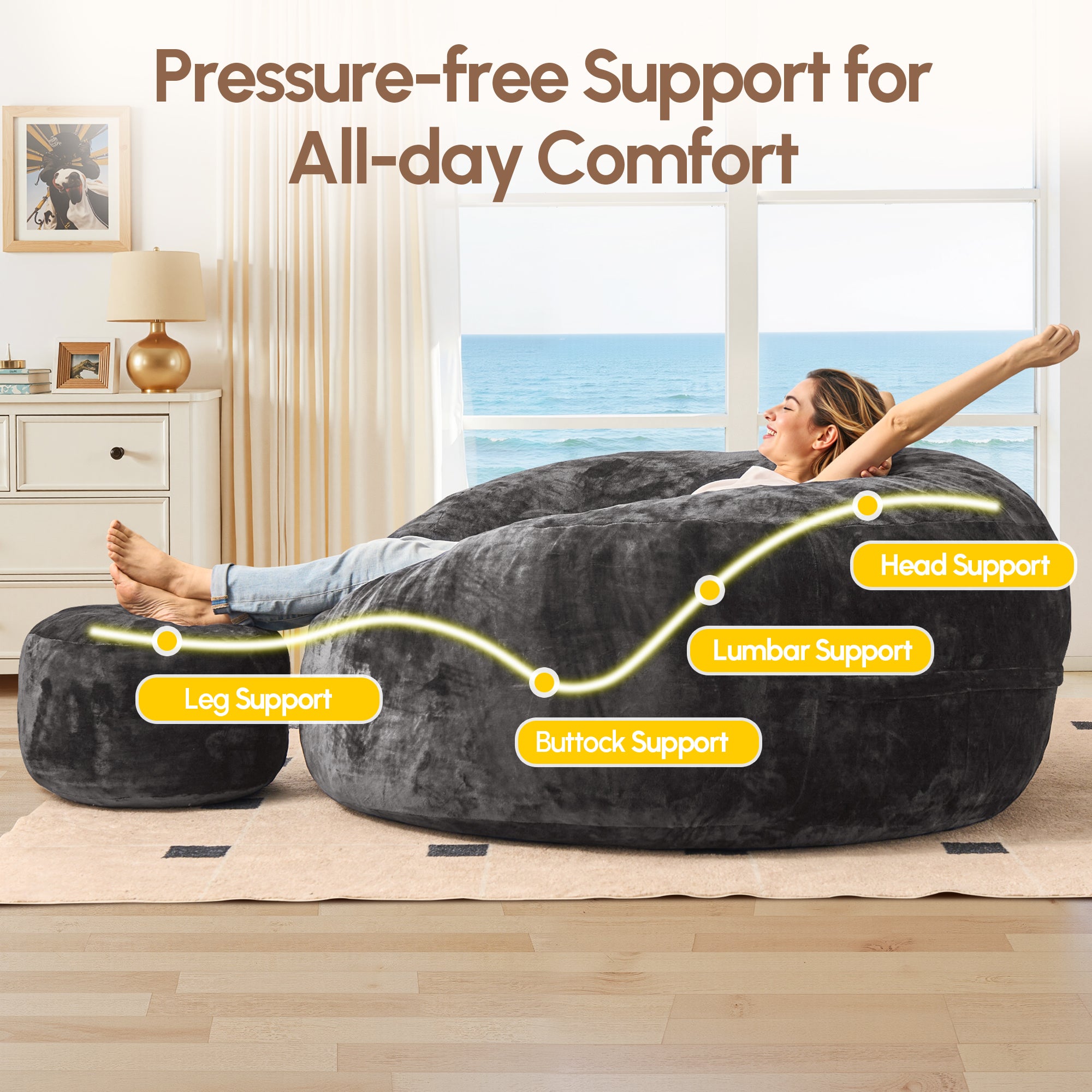 OVIOS Bean Bag Chair Removable Cover, High-Rebound Filling Cozy Furniture for Living Room, Bedroom