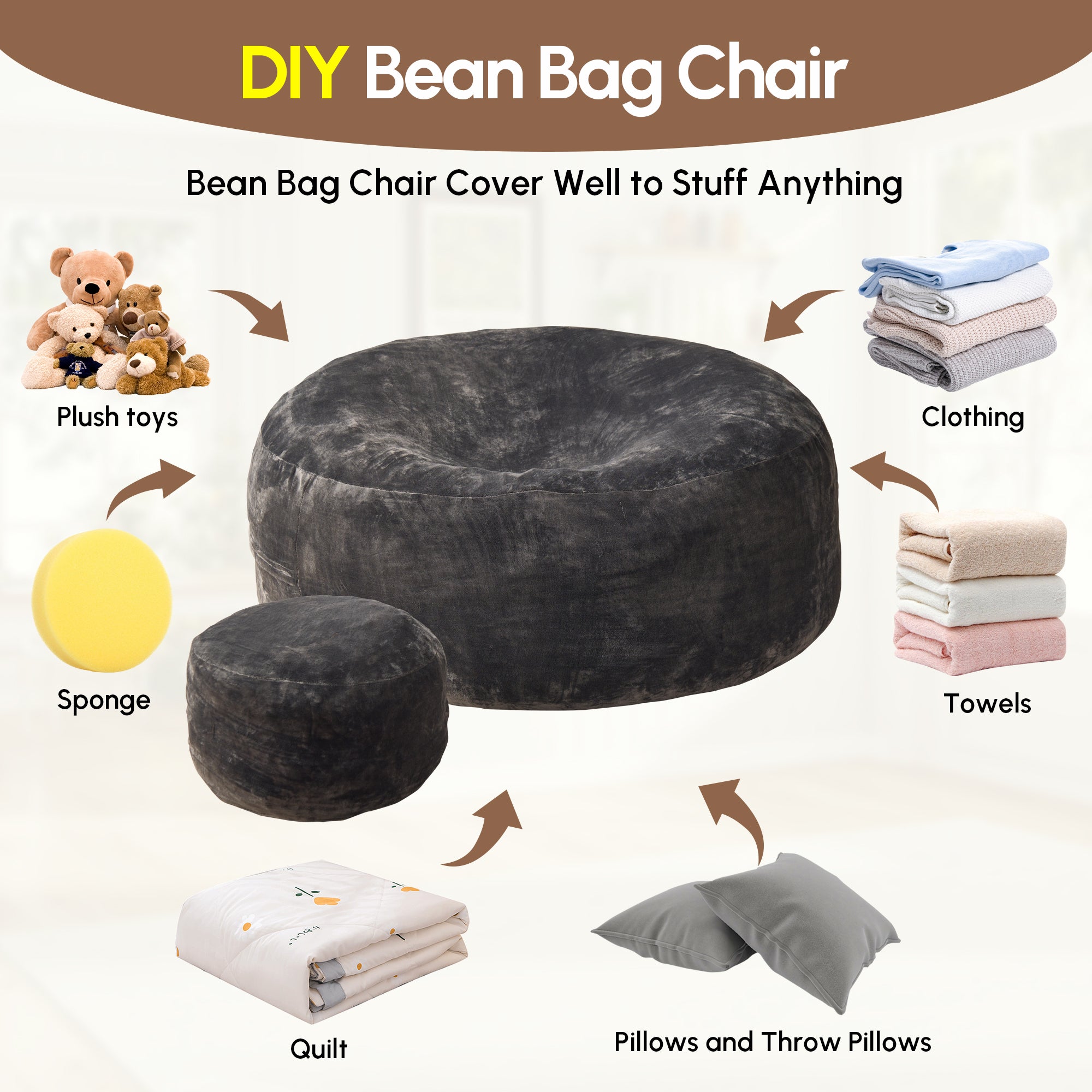 OVIOS Bean Bag Chair Removable Cover, High-Rebound Filling Cozy Furniture for Living Room, Bedroom