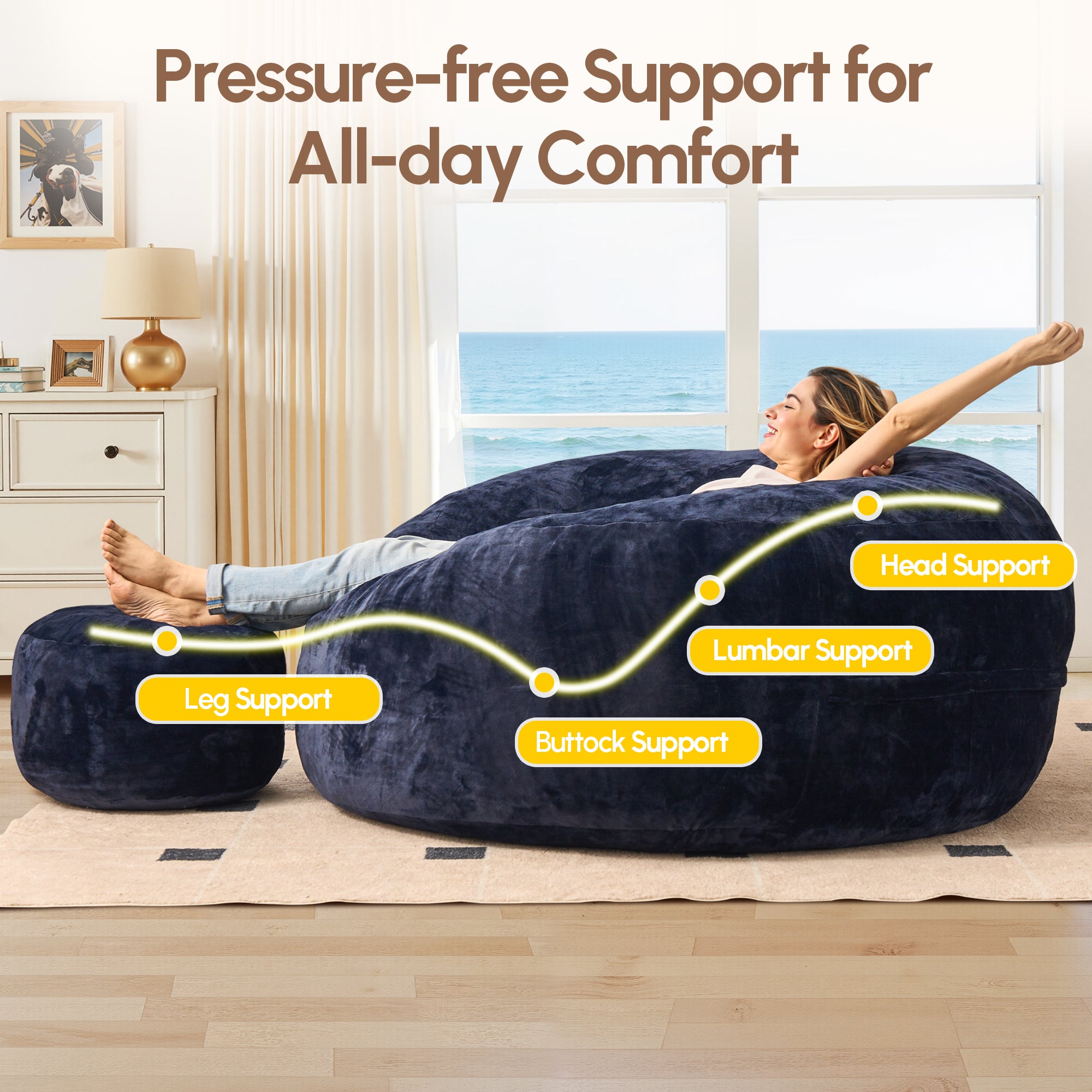 OVIOS Bean Bag Chair Removable Cover, High-Rebound Filling Cozy Furniture for Living Room, Bedroom