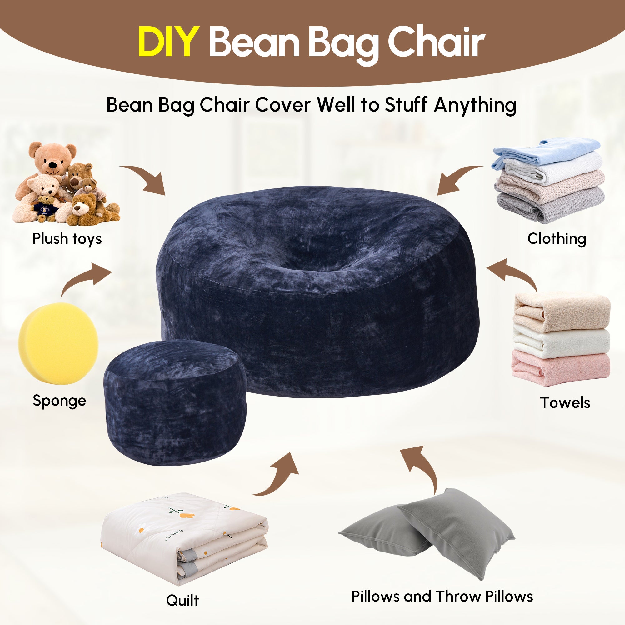 OVIOS Bean Bag Chair Removable Cover, High-Rebound Filling Cozy Furniture for Living Room, Bedroom
