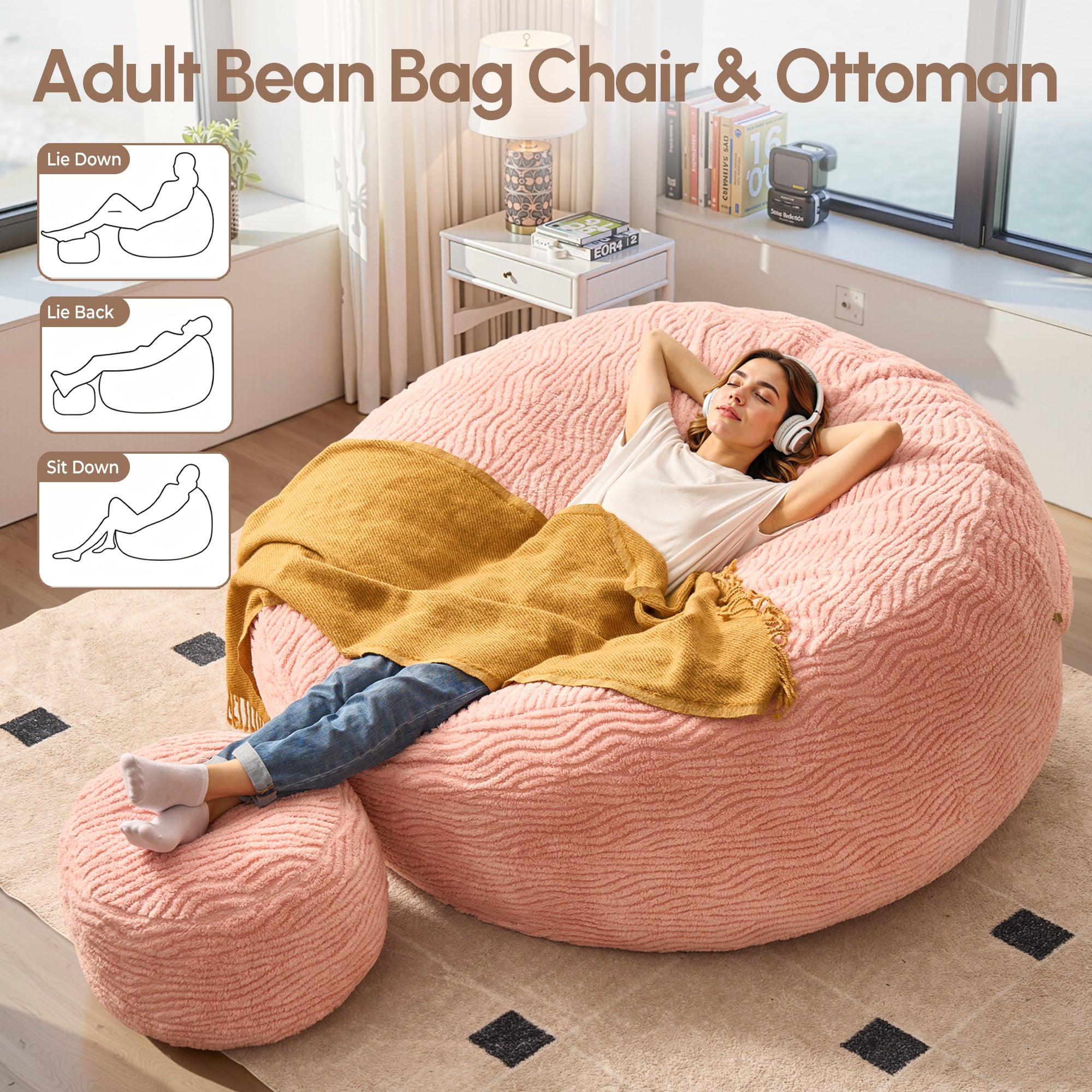 OVIOS Bean Bag Chair Removable Cover, High-Rebound Filling Cozy Furniture for Living Room, Bedroom