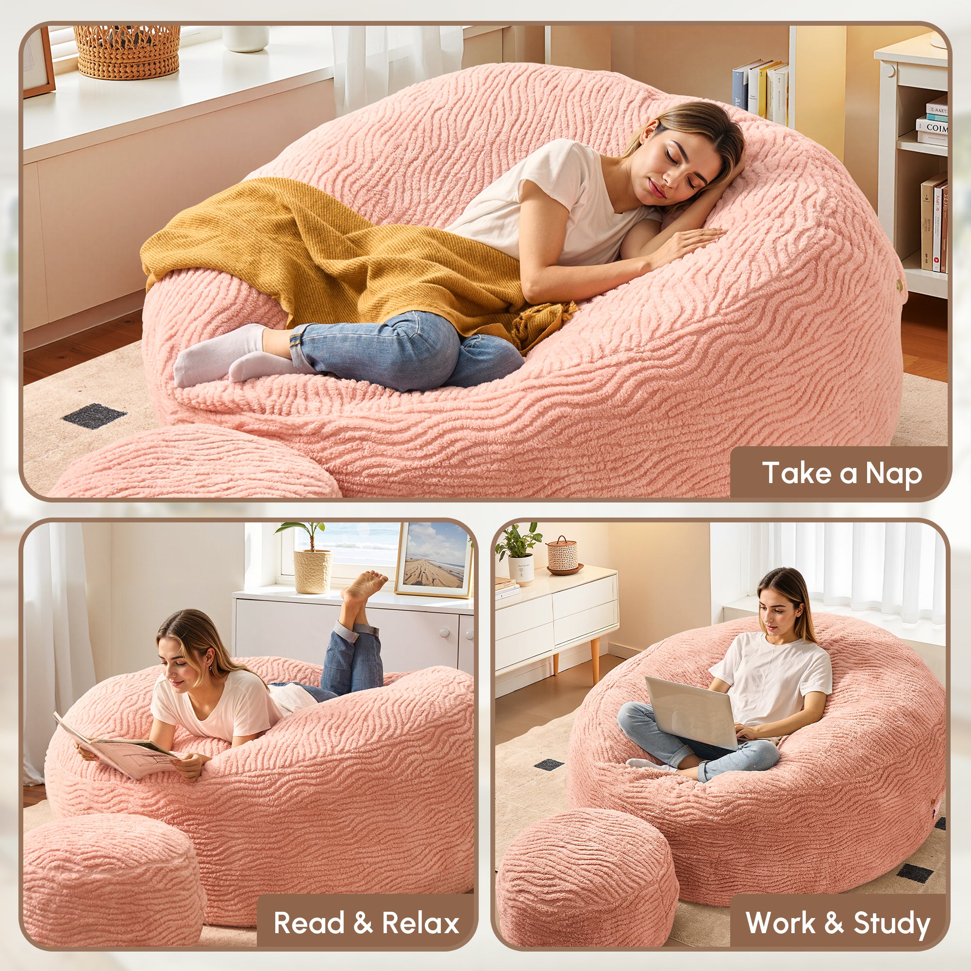 OVIOS Bean Bag Chair Removable Cover, High-Rebound Filling Cozy Furniture for Living Room, Bedroom