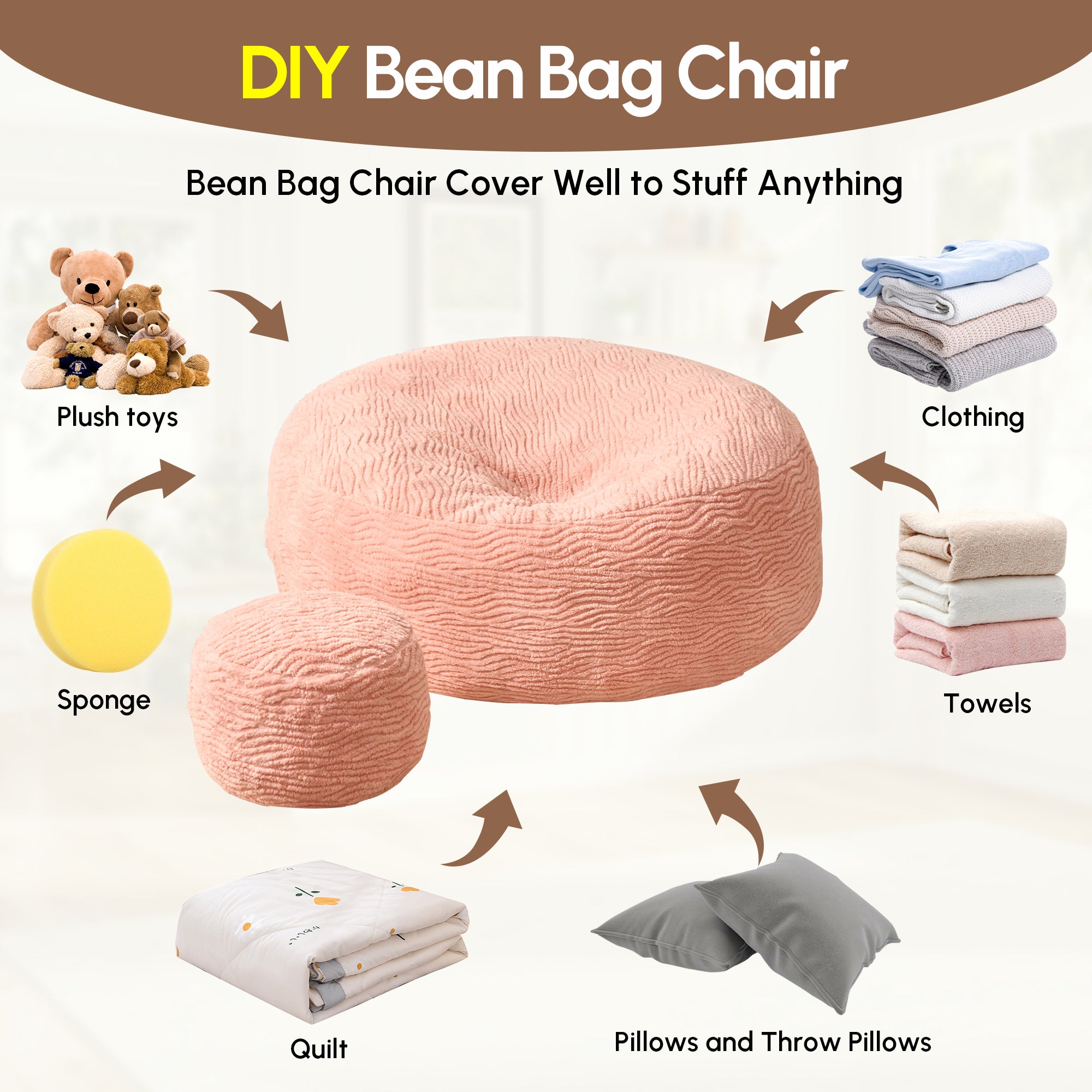 OVIOS Bean Bag Chair Removable Cover, High-Rebound Filling Cozy Furniture for Living Room, Bedroom