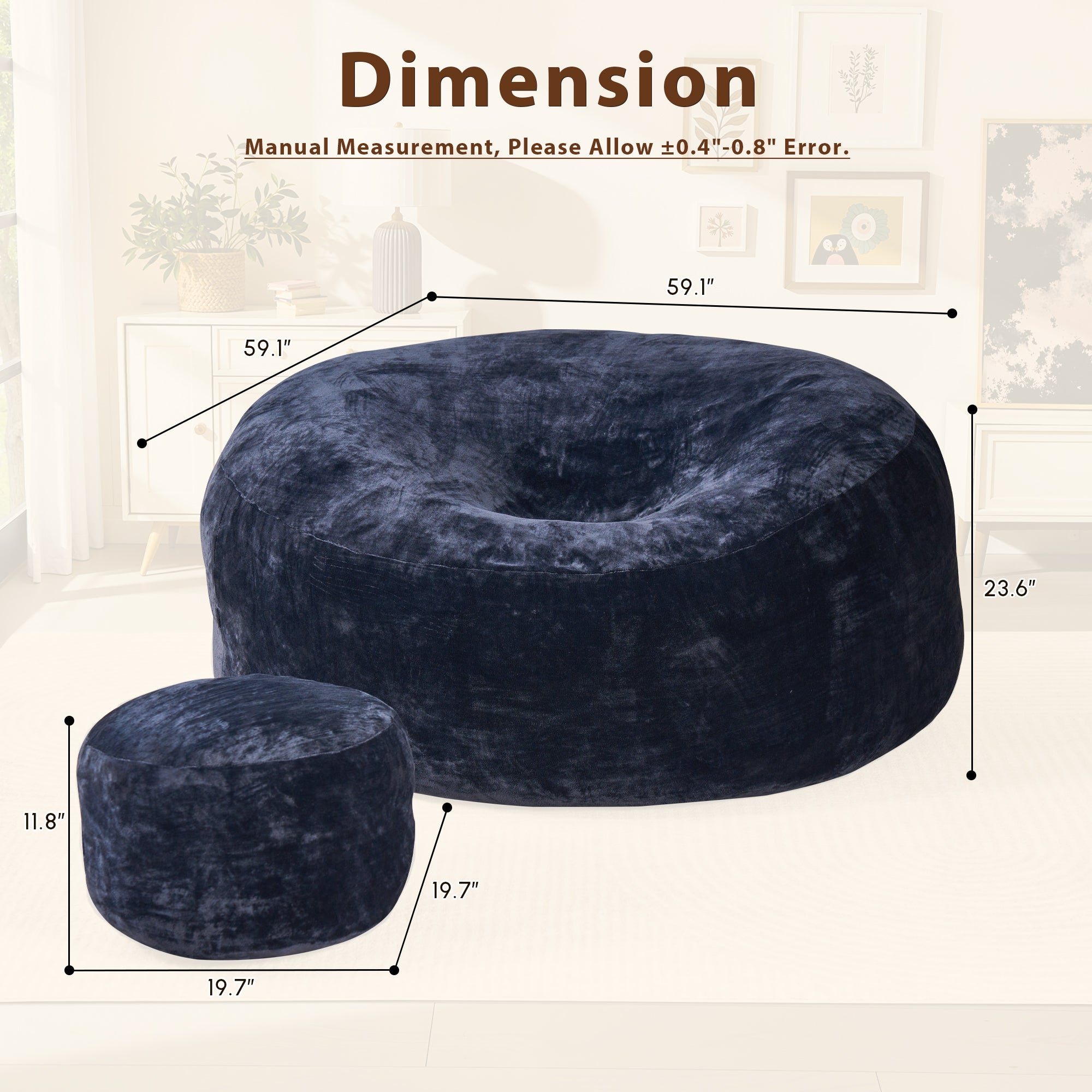 OVIOS Bean Bag Chair Removable Cover, High-Rebound Filling Cozy Furniture for Living Room, Bedroom