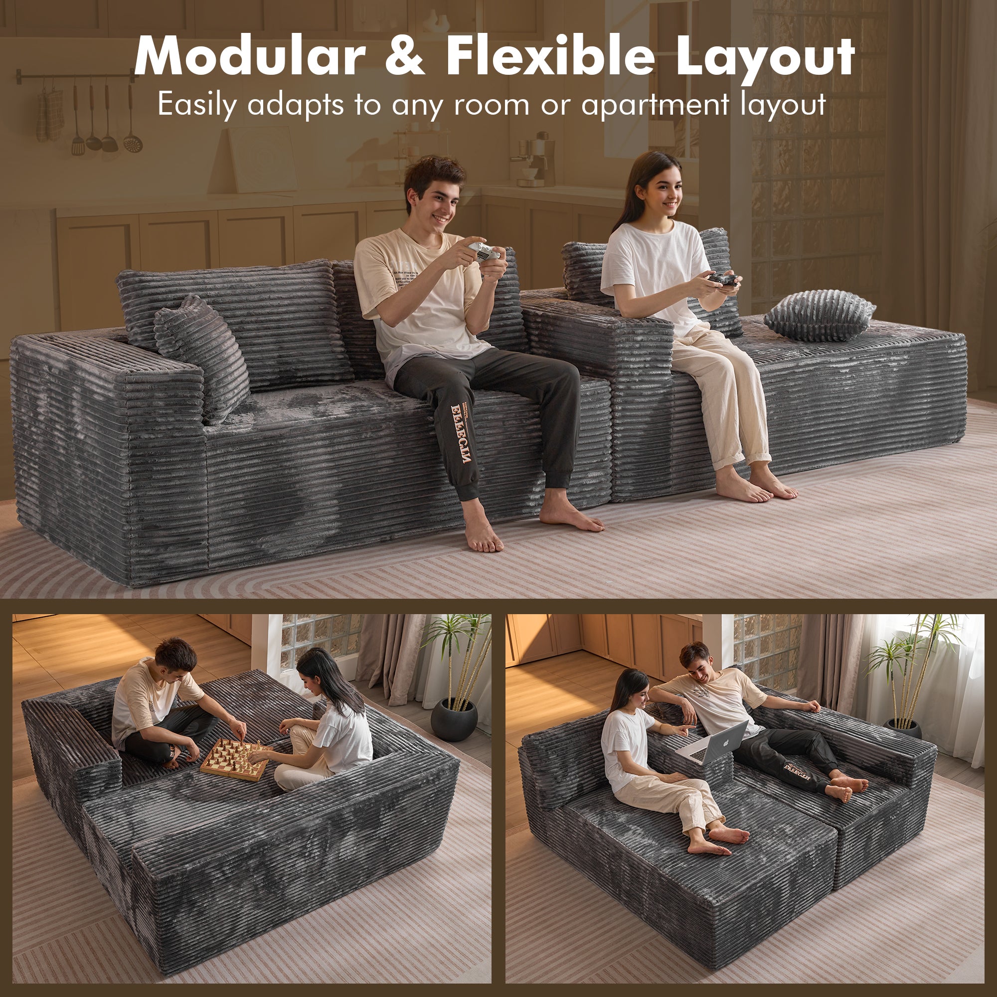 OVIOS 104" L-Shape Modular Couch with Chaise, Plush Corduroy Fabric, No Assembly Required