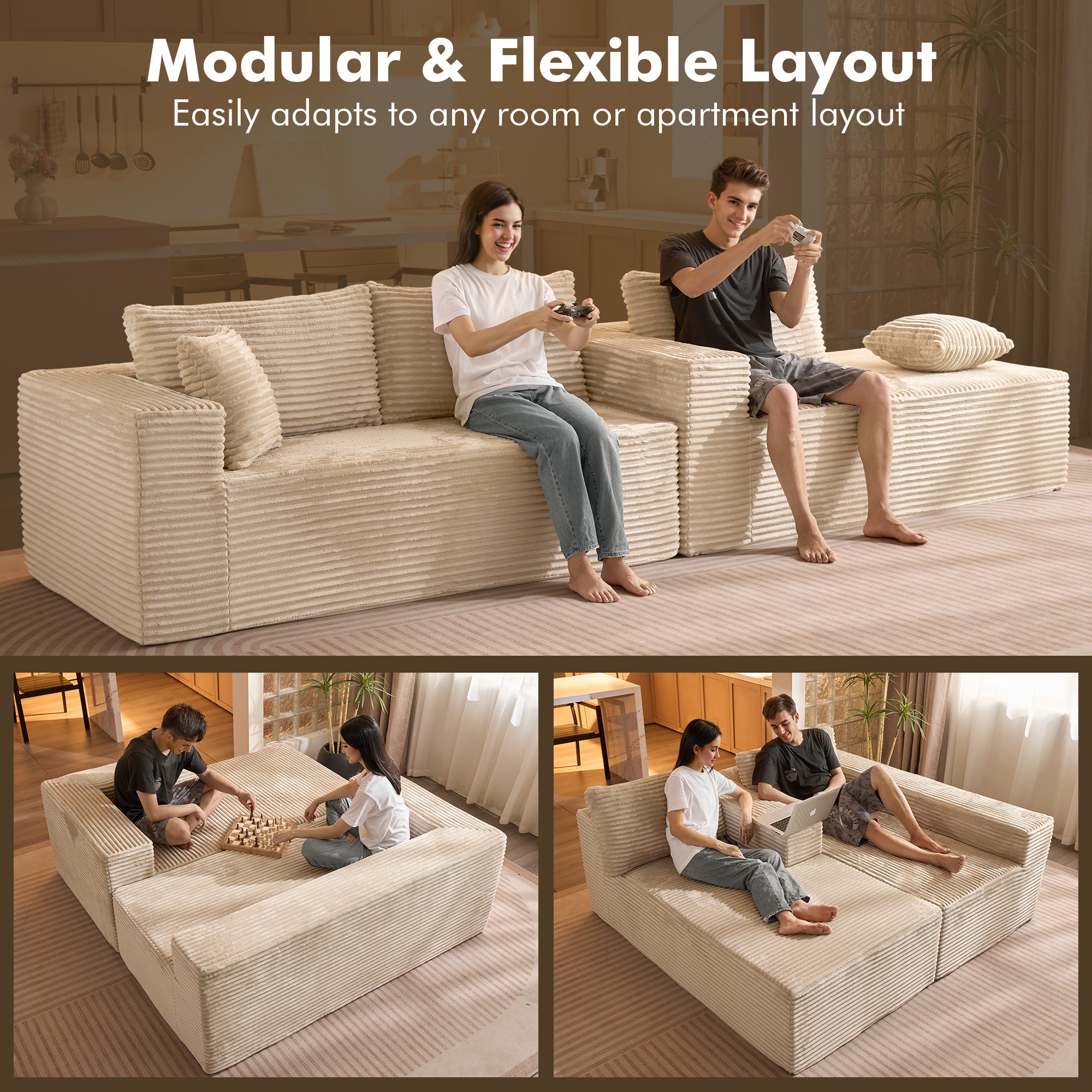OVIOS 104" L-Shape Modular Couch with Chaise, Plush Corduroy Fabric, No Assembly Required