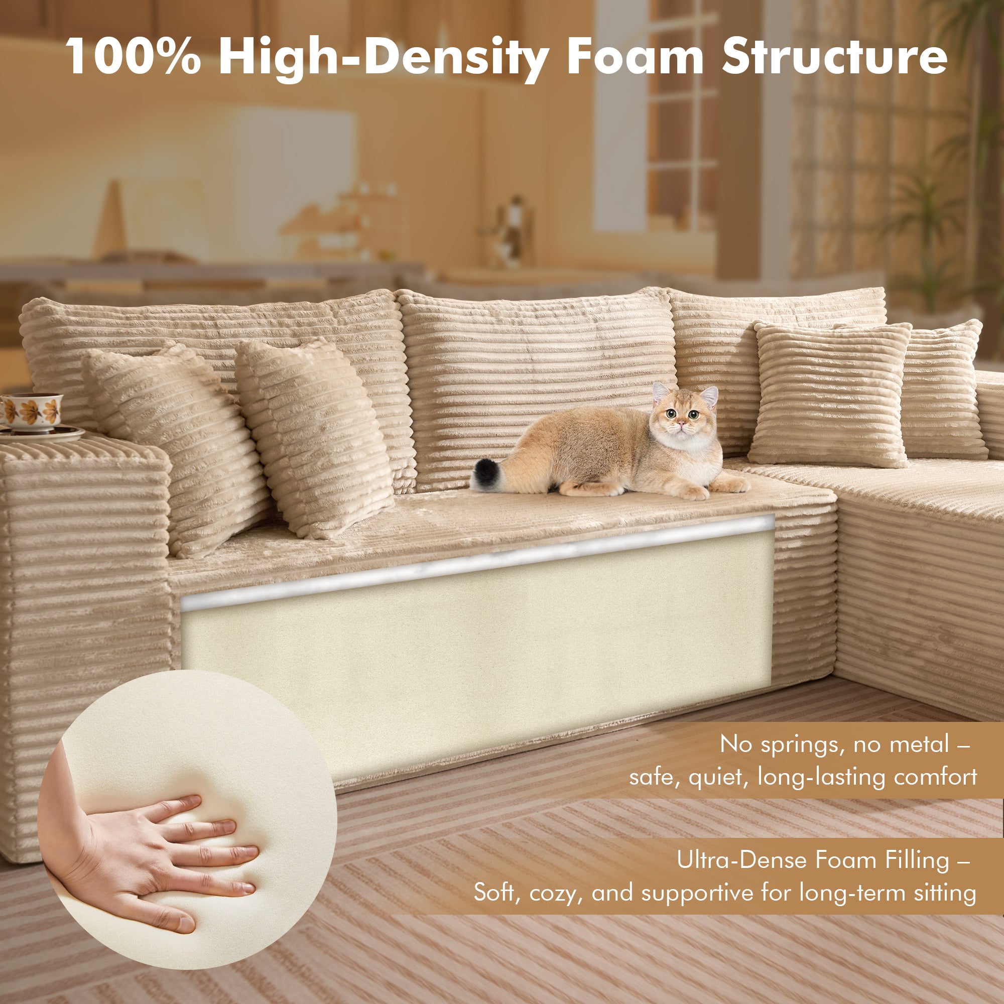 OVIOS 104" L-Shape Modular Couch with Chaise, Plush Corduroy Fabric, No Assembly Required