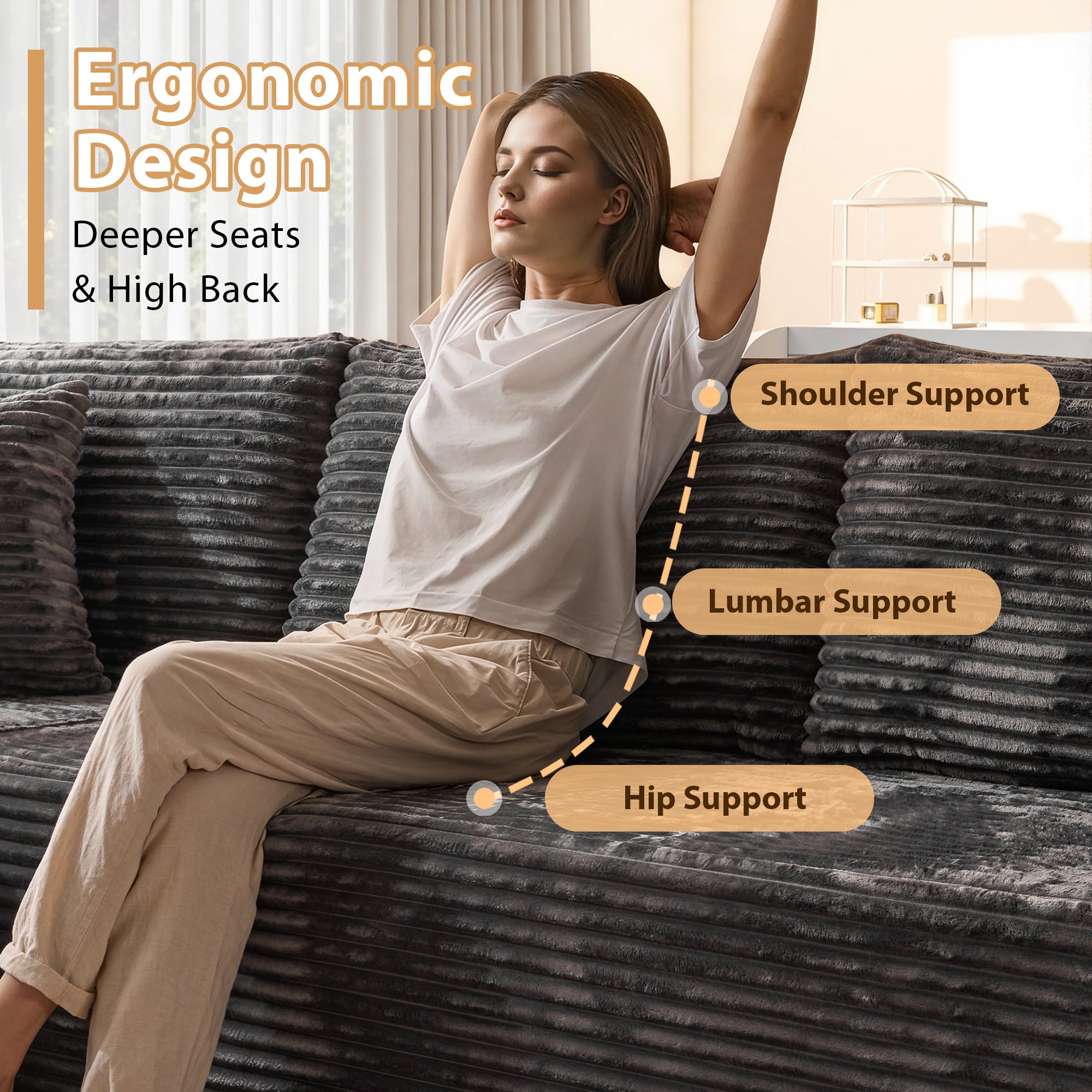 OVIOS 108" U-Shape Modular Couch with Ottoman, Plush Corduroy Fabric, No Assembly Required
