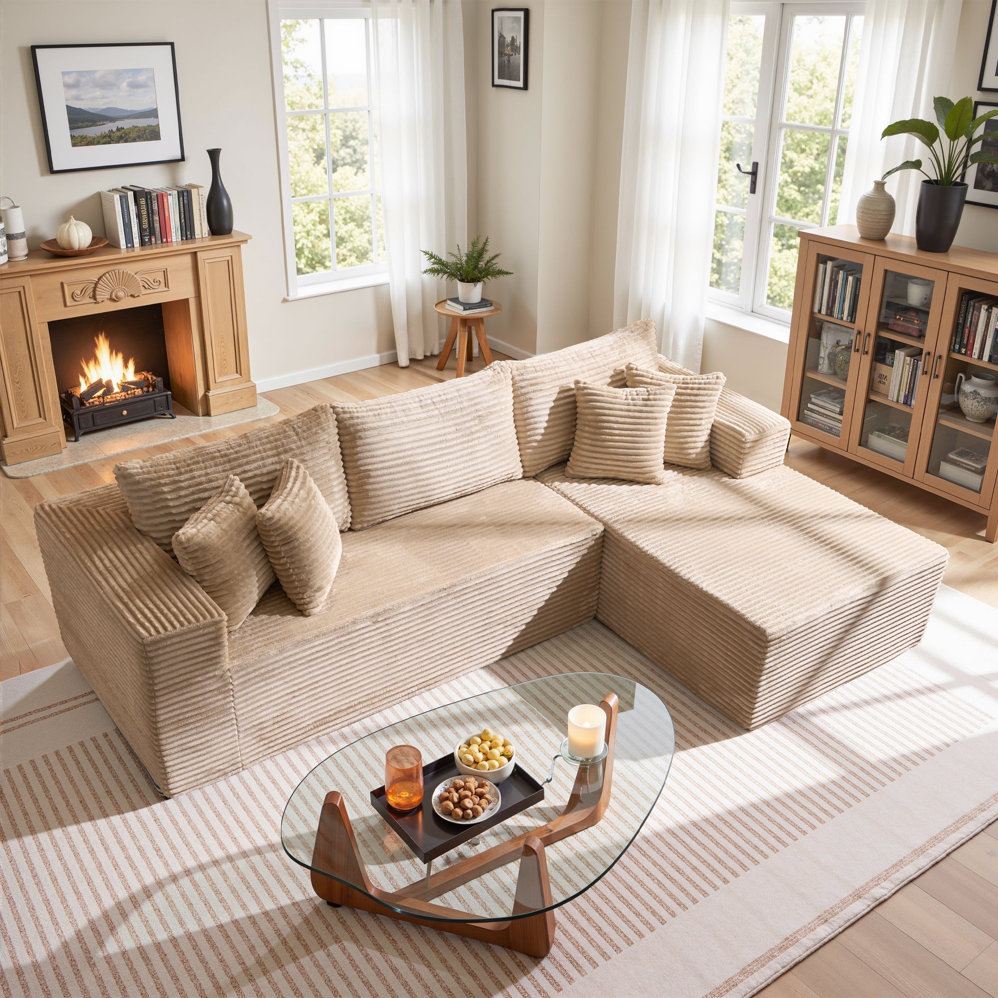 OVIOS 104" L-Shape Modular Couch with Chaise, Plush Corduroy Fabric, No Assembly Required