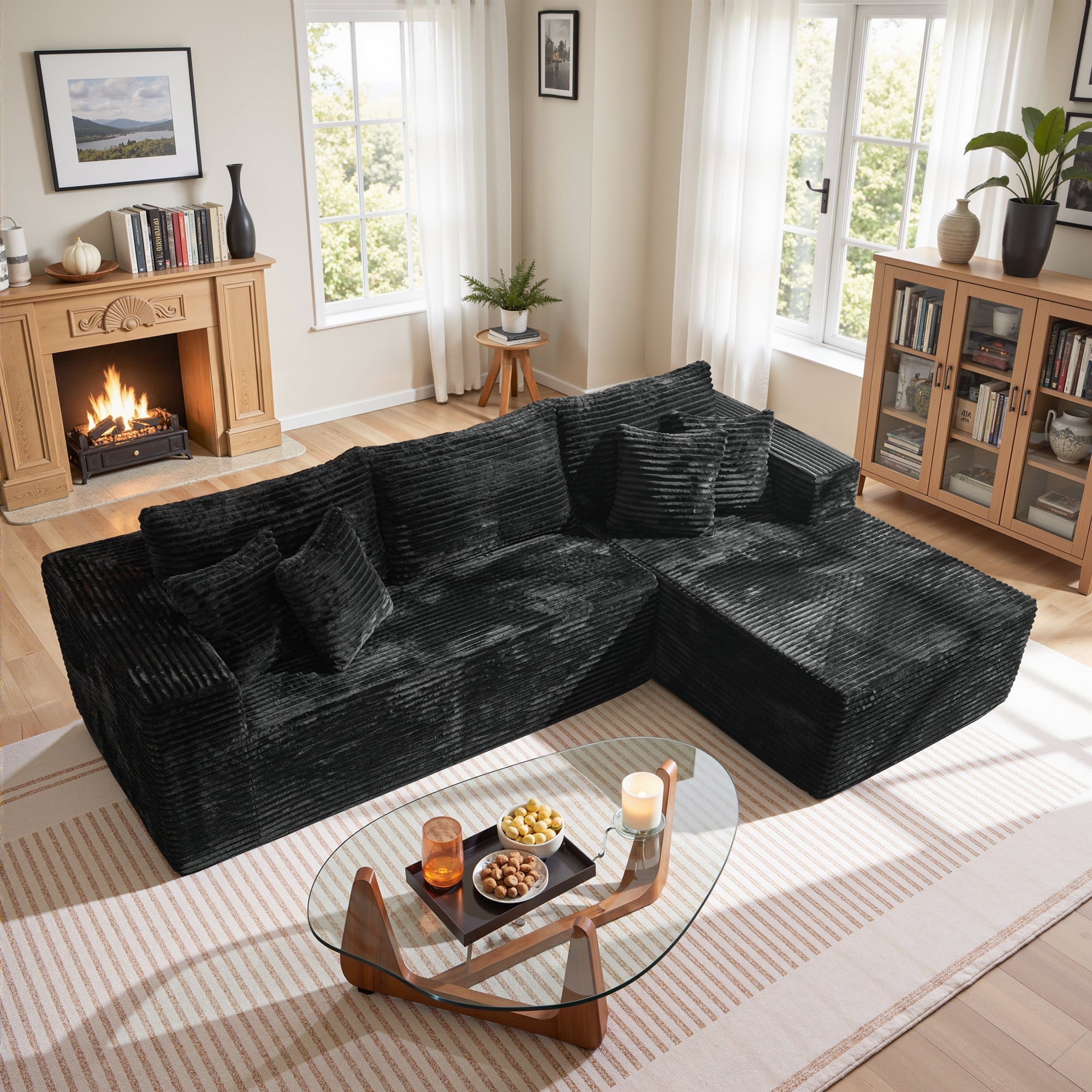 OVIOS 104" L-Shape Modular Couch with Chaise, Plush Corduroy Fabric, No Assembly Required