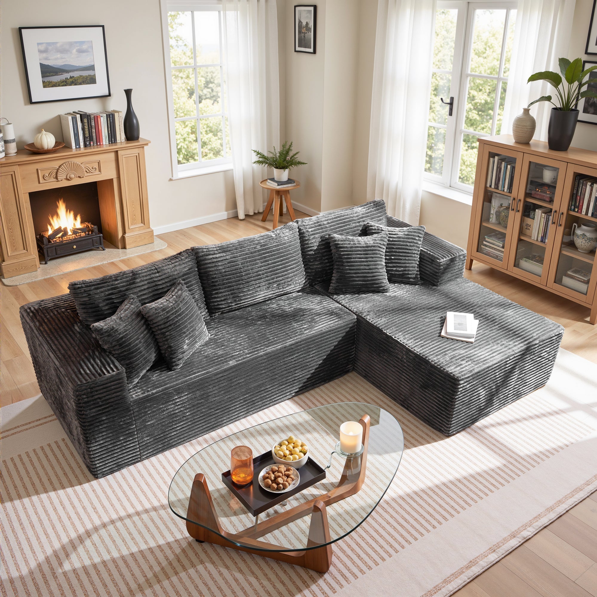 OVIOS 104" L-Shape Modular Couch with Chaise, Plush Corduroy Fabric, No Assembly Required