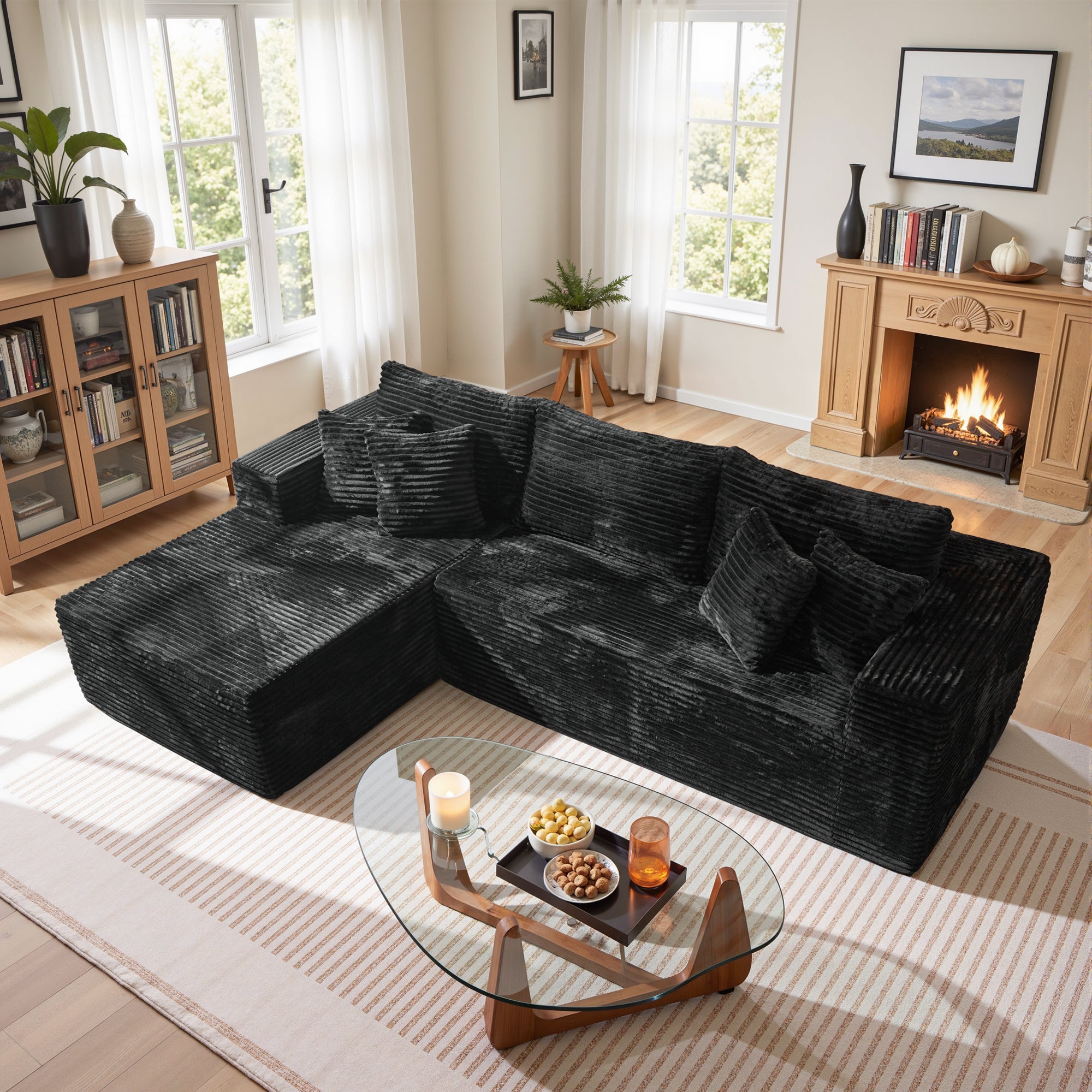 OVIOS 104" L-Shape Modular Couch with Chaise, Plush Corduroy Fabric, No Assembly Required