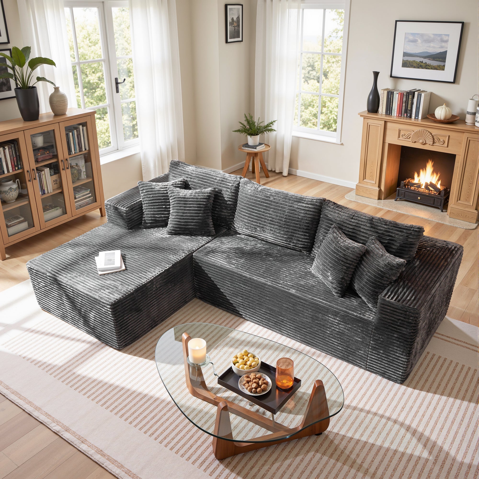 OVIOS 104" L-Shape Modular Couch with Chaise, Plush Corduroy Fabric, No Assembly Required