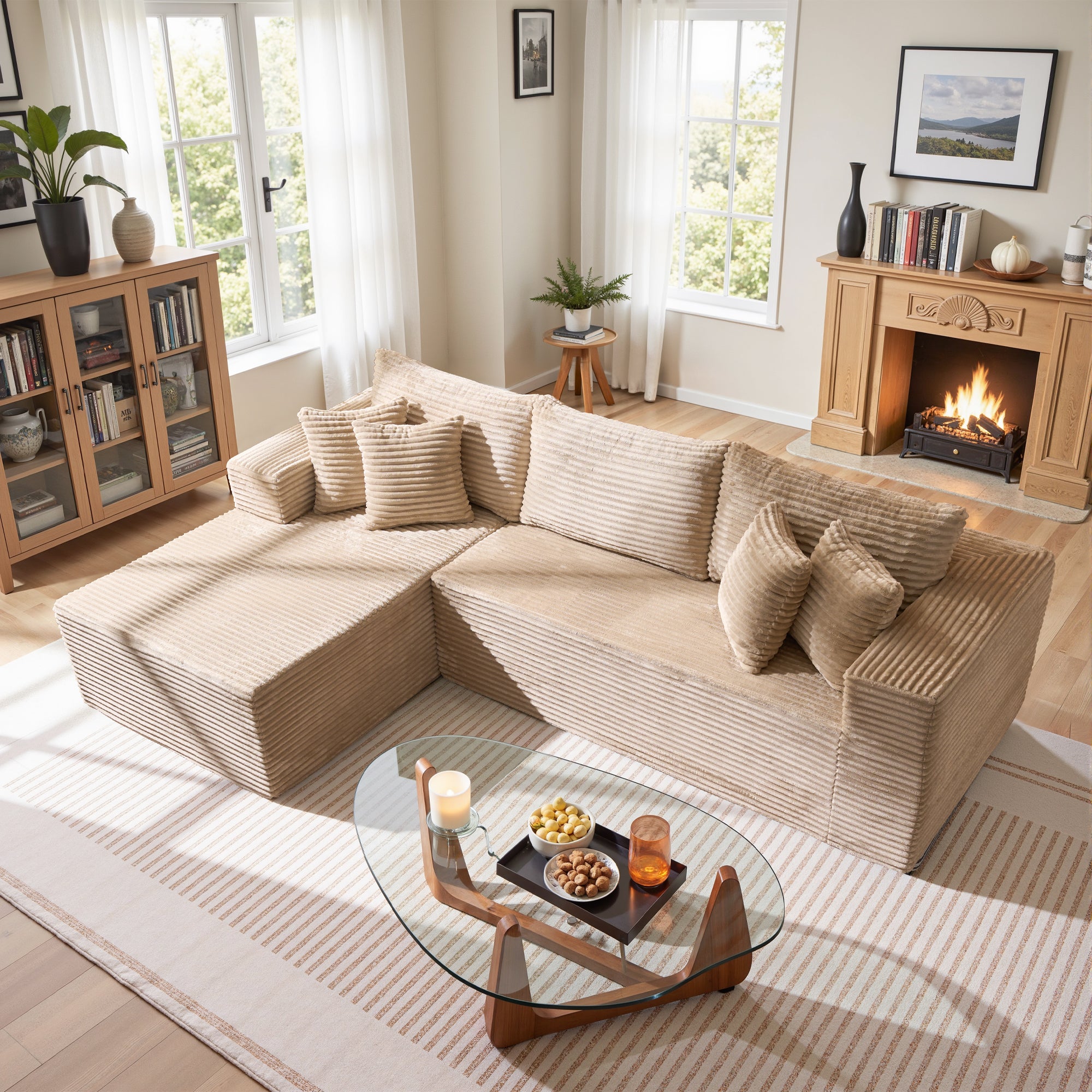 OVIOS 104" L-Shape Modular Couch with Chaise, Plush Corduroy Fabric, No Assembly Required