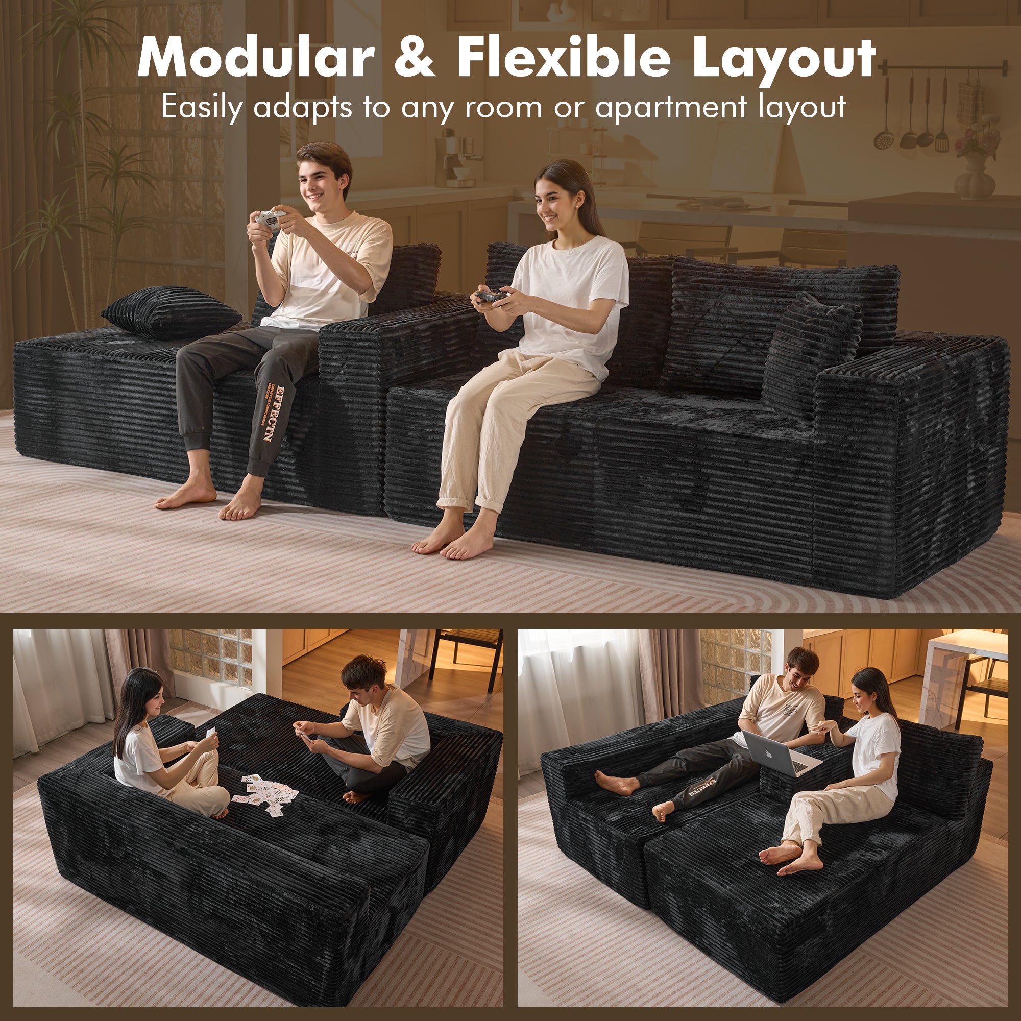 OVIOS 104" L-Shape Modular Couch with Chaise, Plush Corduroy Fabric, No Assembly Required
