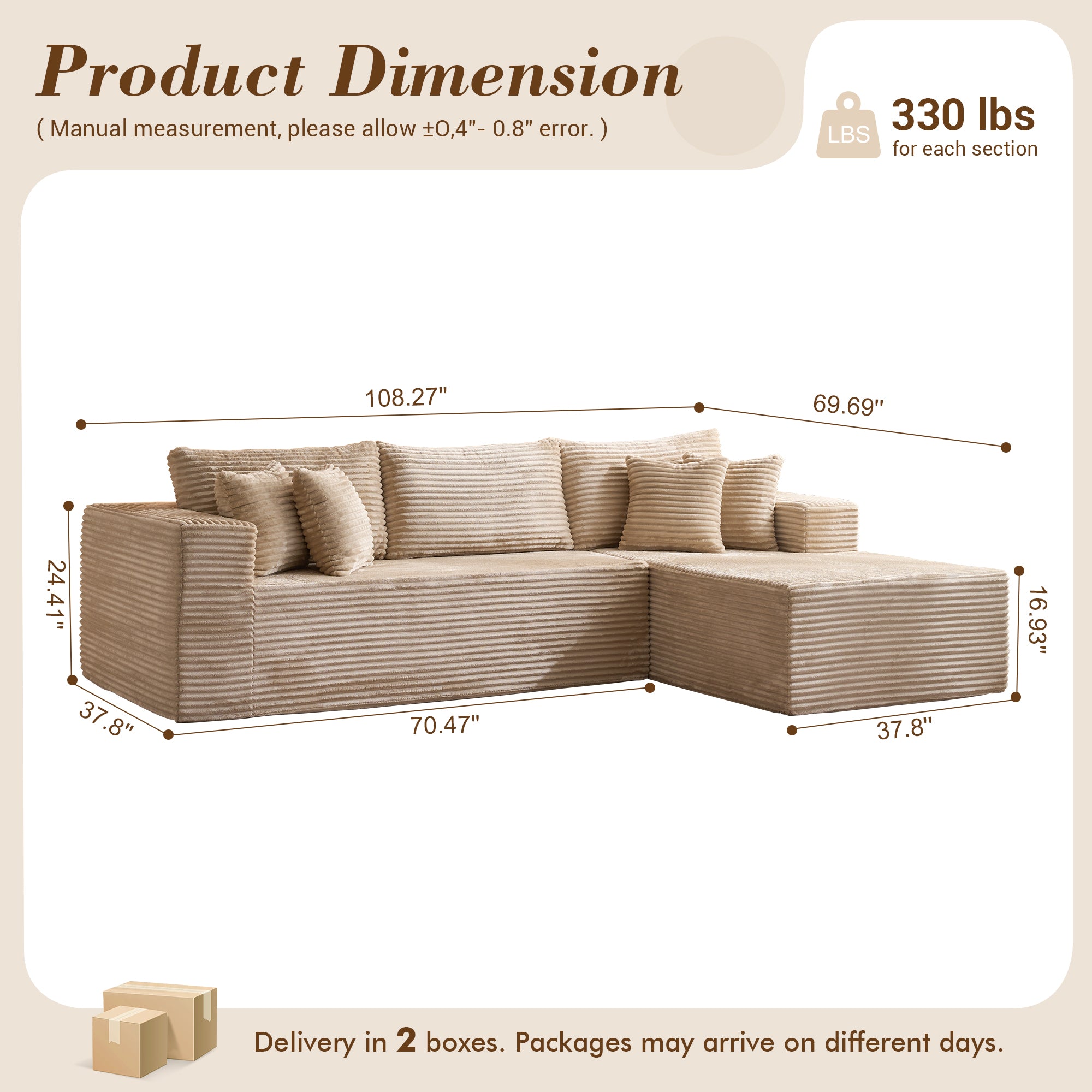 OVIOS 104" L-Shape Modular Couch with Chaise, Plush Corduroy Fabric, No Assembly Required