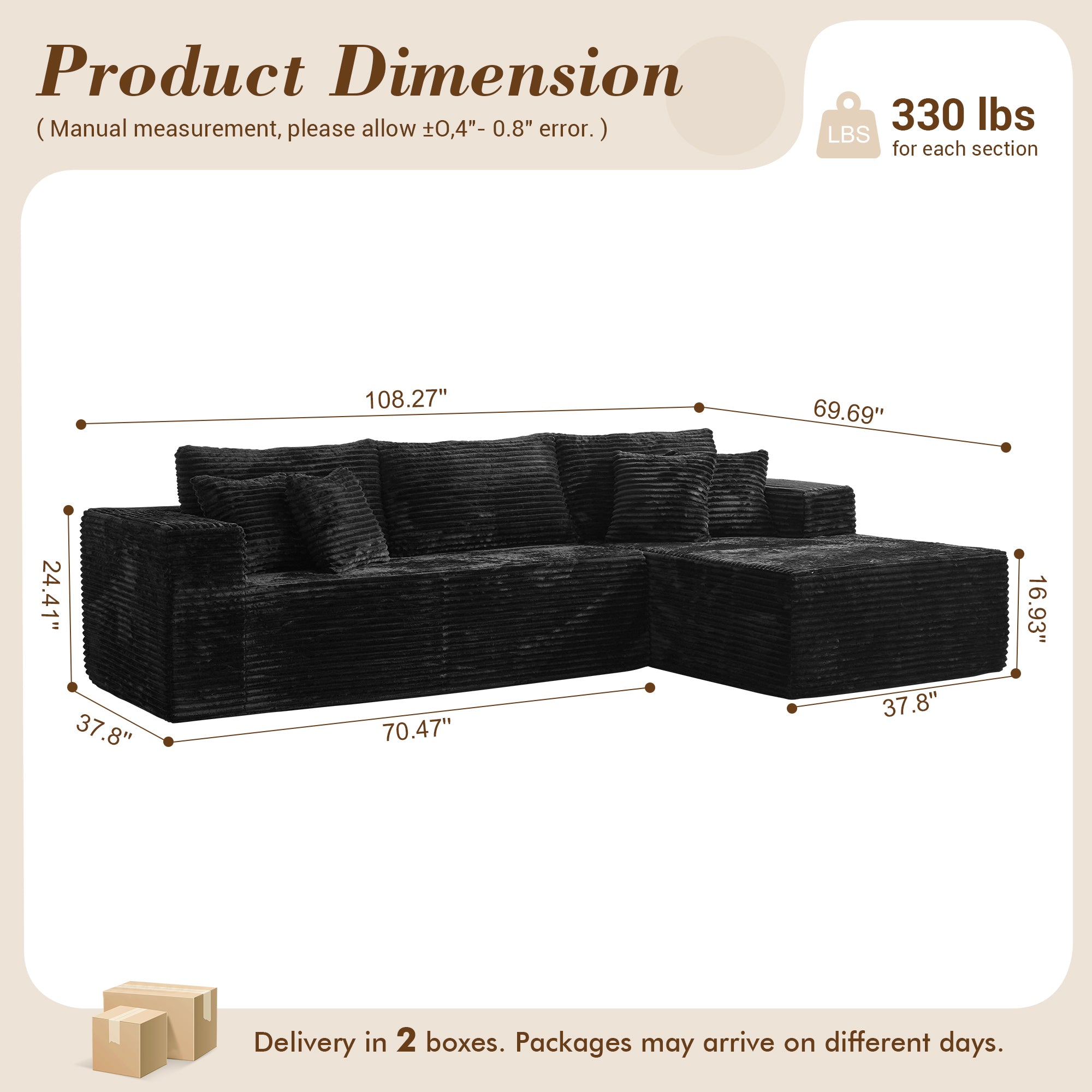 OVIOS 104" L-Shape Modular Couch with Chaise, Plush Corduroy Fabric, No Assembly Required