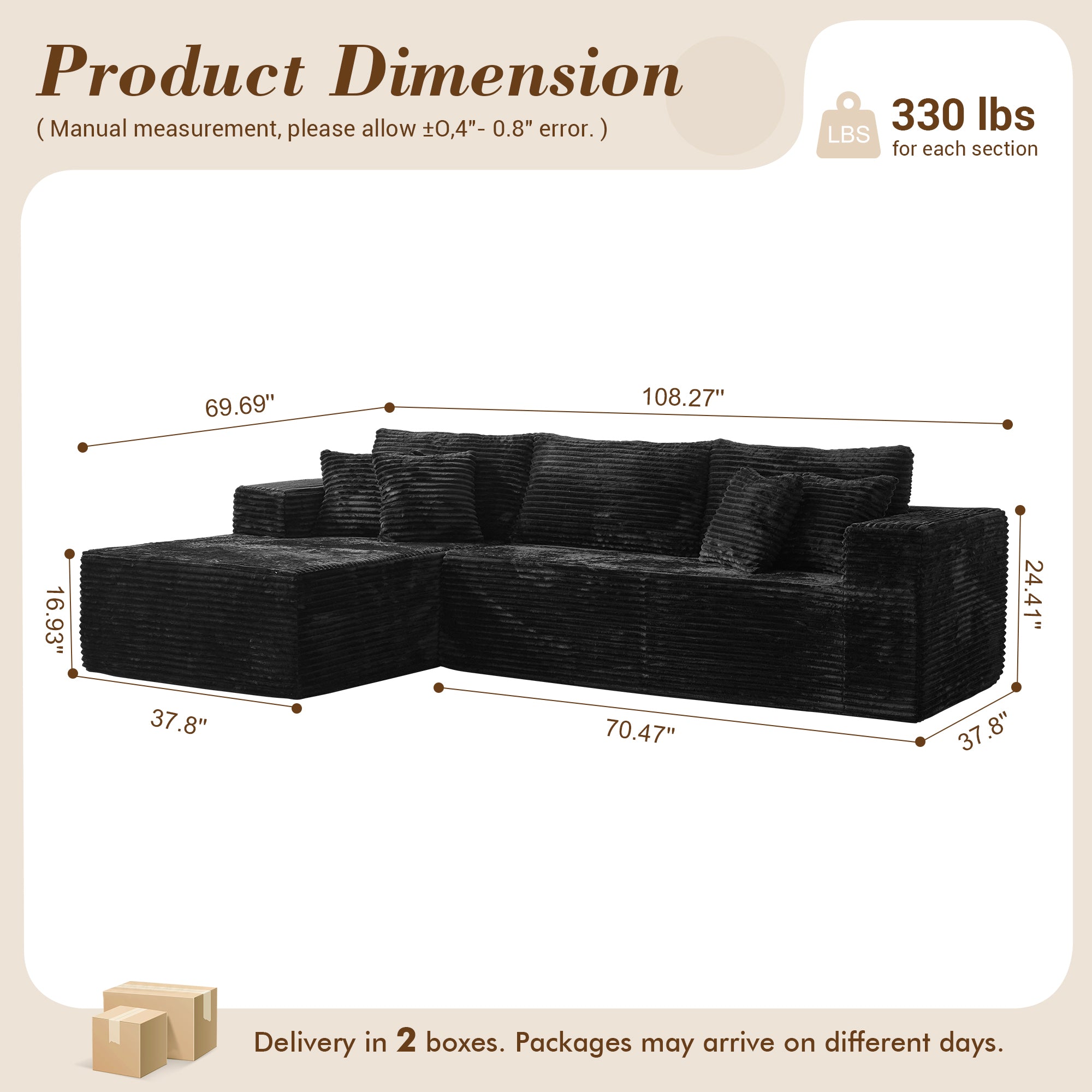 OVIOS 104" L-Shape Modular Couch with Chaise, Plush Corduroy Fabric, No Assembly Required