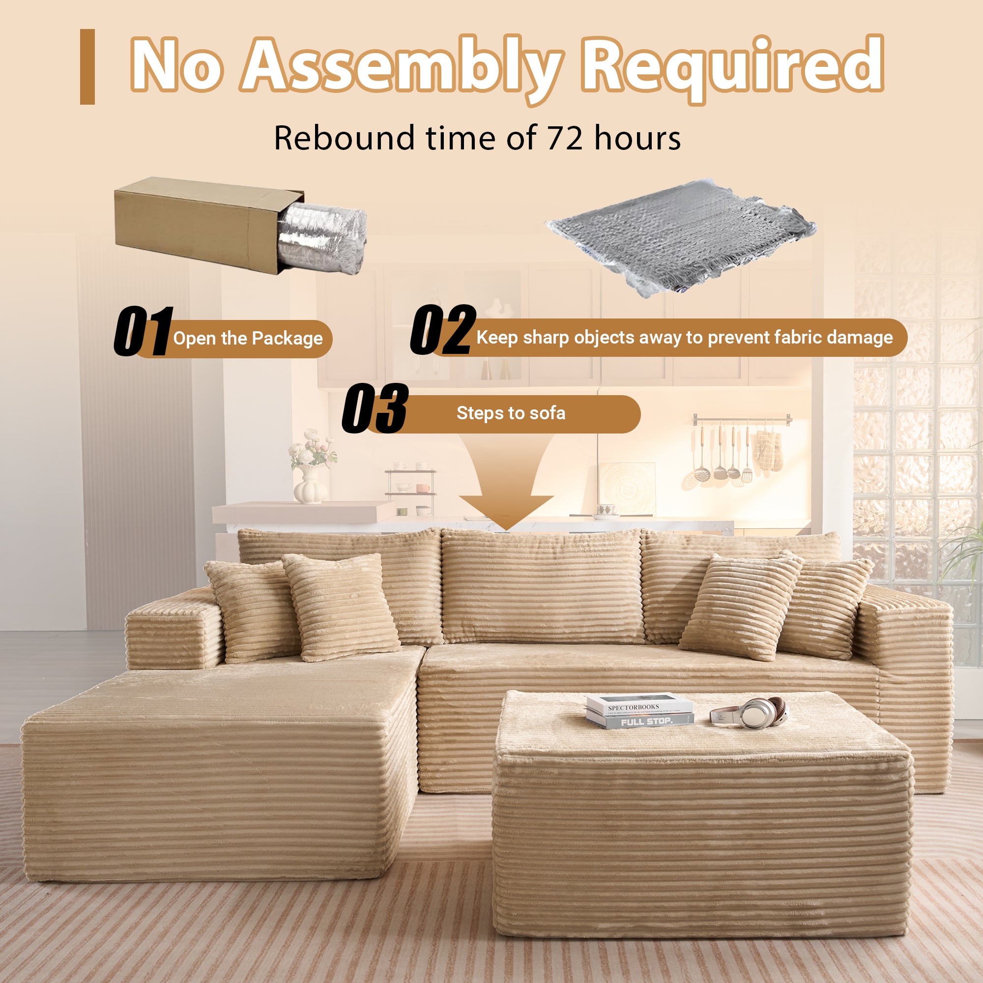 OVIOS 108" U-Shape Modular Couch with Ottoman, Plush Corduroy Fabric, No Assembly Required
