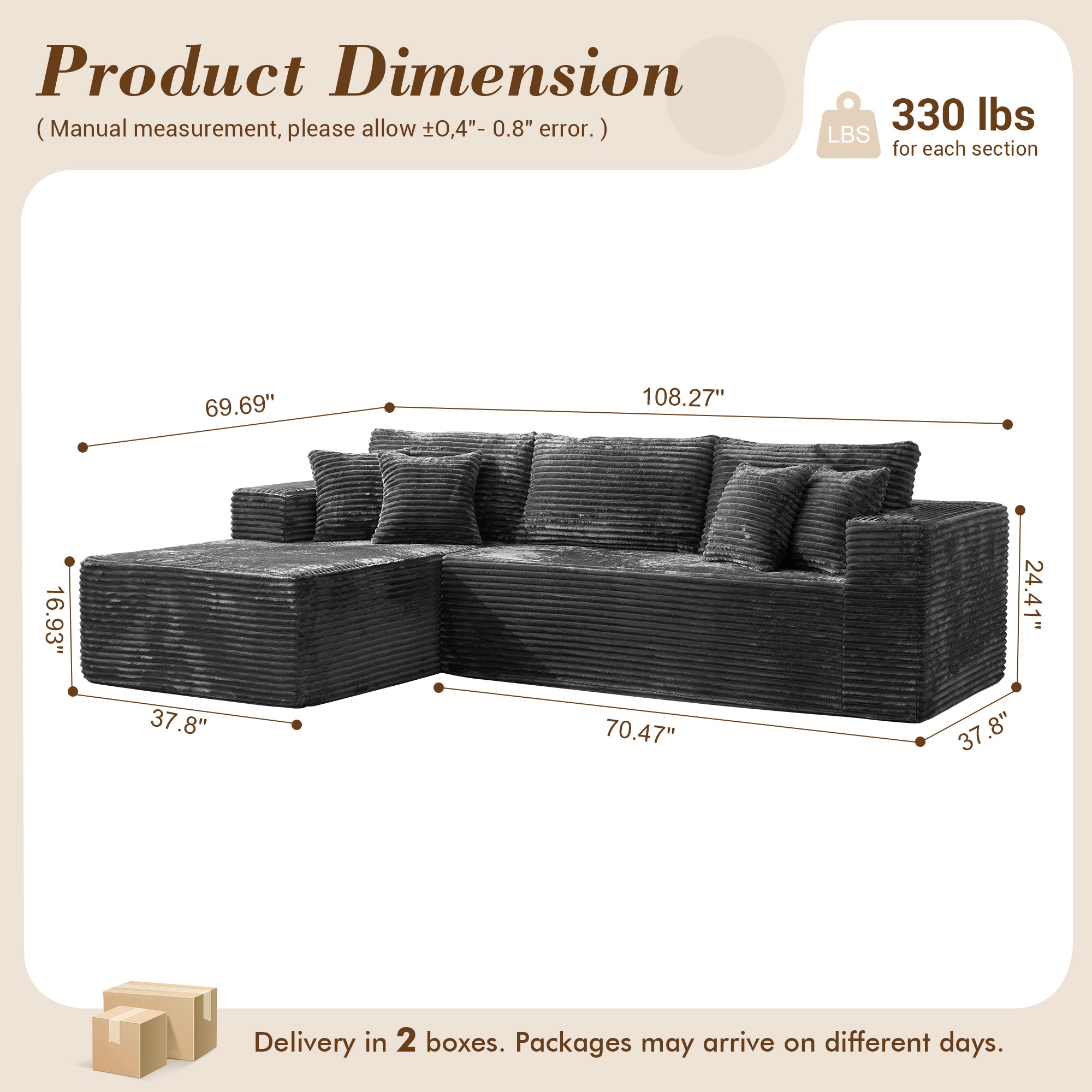 OVIOS 104" L-Shape Modular Couch with Chaise, Plush Corduroy Fabric, No Assembly Required