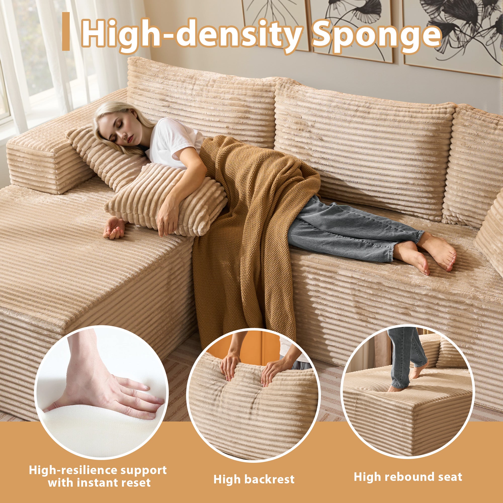 OVIOS 108" U-Shape Modular Couch with Ottoman, Plush Corduroy Fabric, No Assembly Required