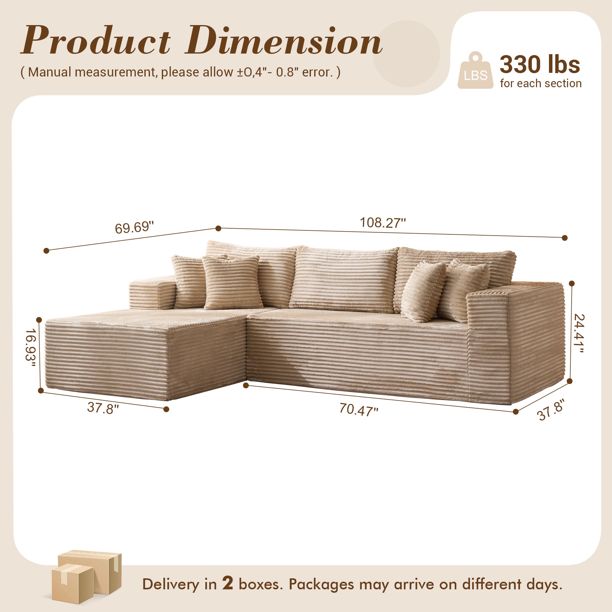 OVIOS 104" L-Shape Modular Couch with Chaise, Plush Corduroy Fabric, No Assembly Required