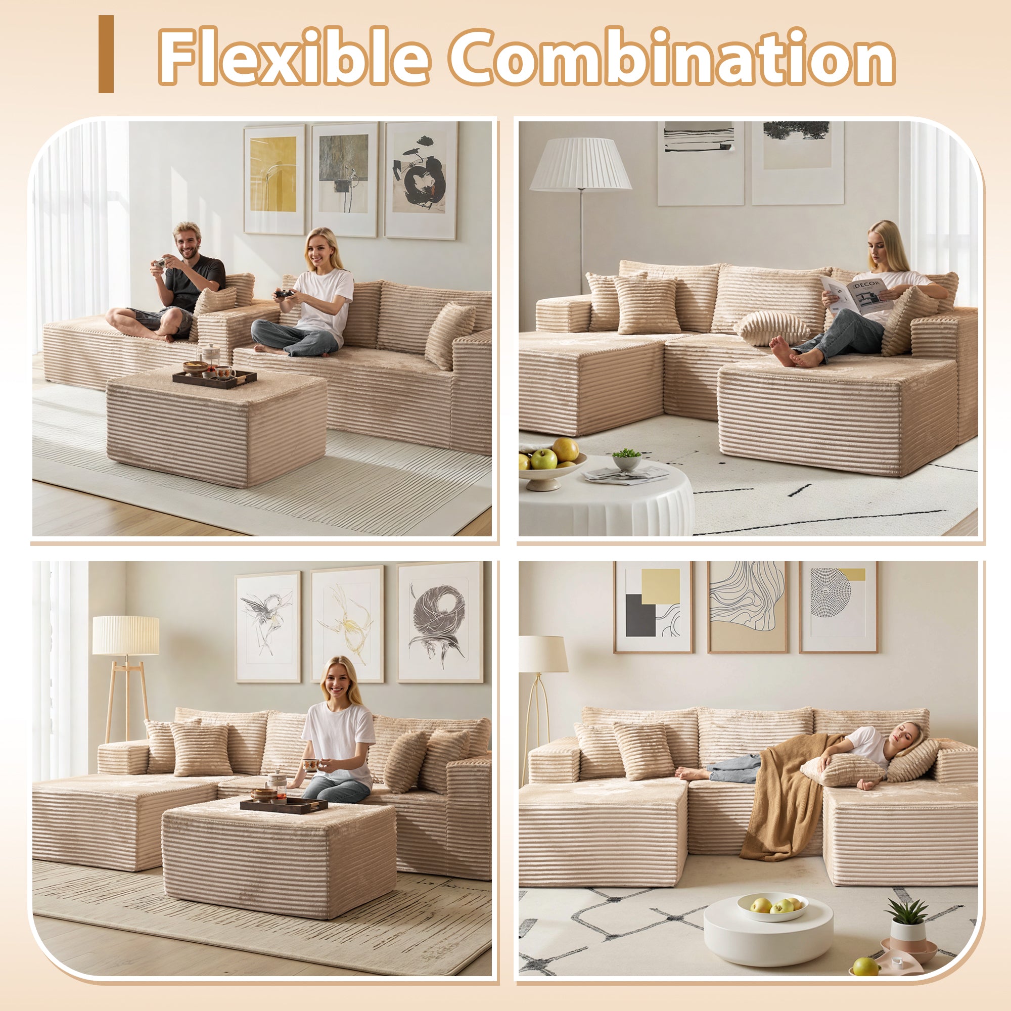 OVIOS 108" U-Shape Modular Couch with Ottoman, Plush Corduroy Fabric, No Assembly Required