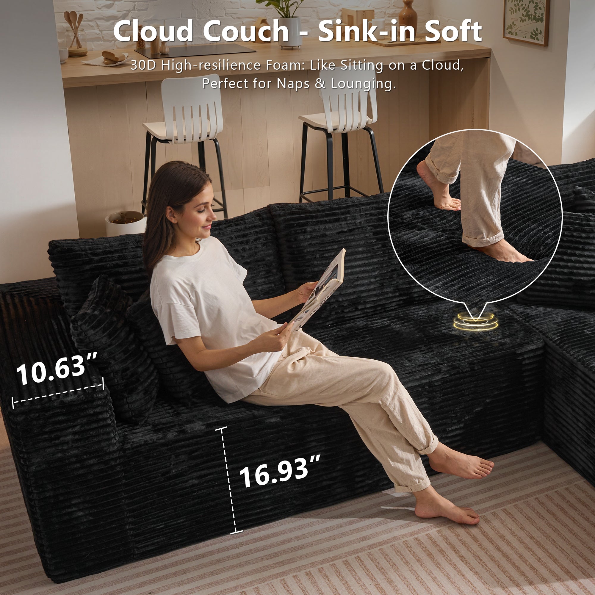 OVIOS 104" L-Shape Modular Couch with Chaise, Plush Corduroy Fabric, No Assembly Required