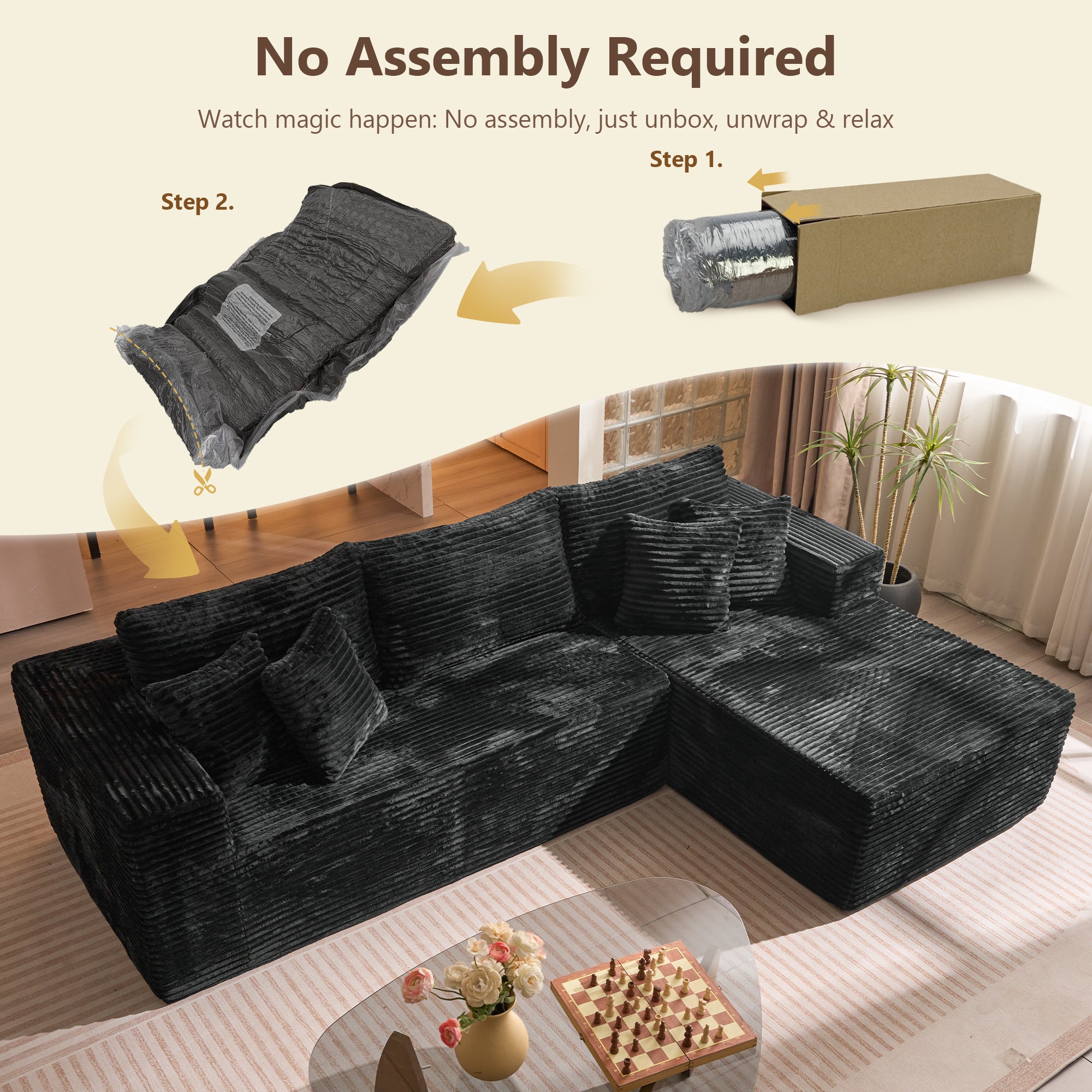 OVIOS 104" L-Shape Modular Couch with Chaise, Plush Corduroy Fabric, No Assembly Required