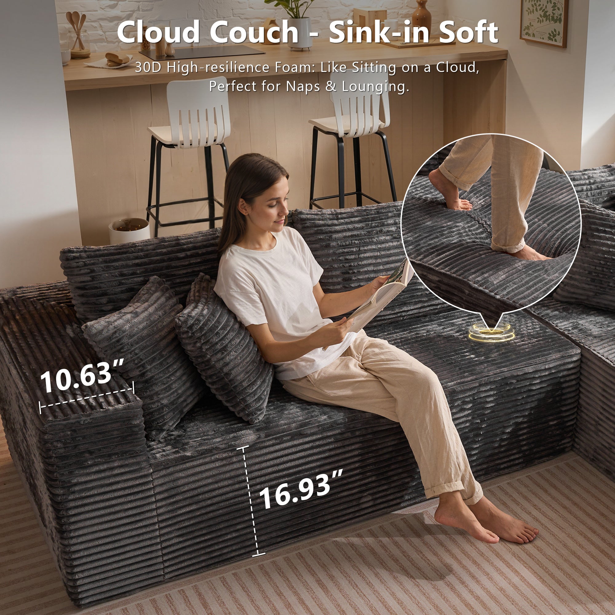 OVIOS 104" L-Shape Modular Couch with Chaise, Plush Corduroy Fabric, No Assembly Required