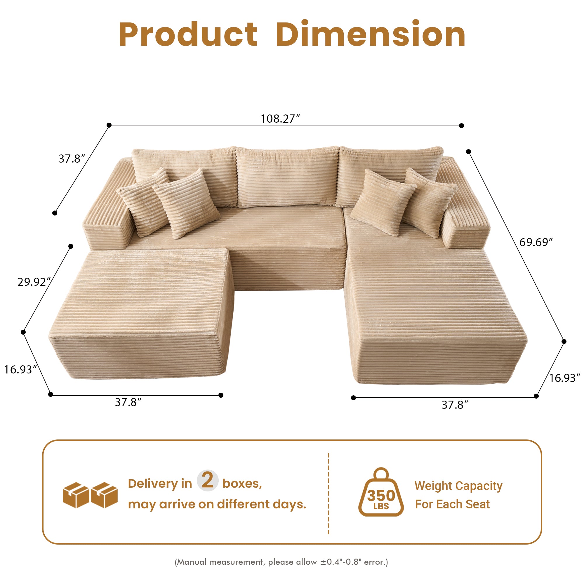 OVIOS 108" U-Shape Modular Couch with Ottoman, Plush Corduroy Fabric, No Assembly Required