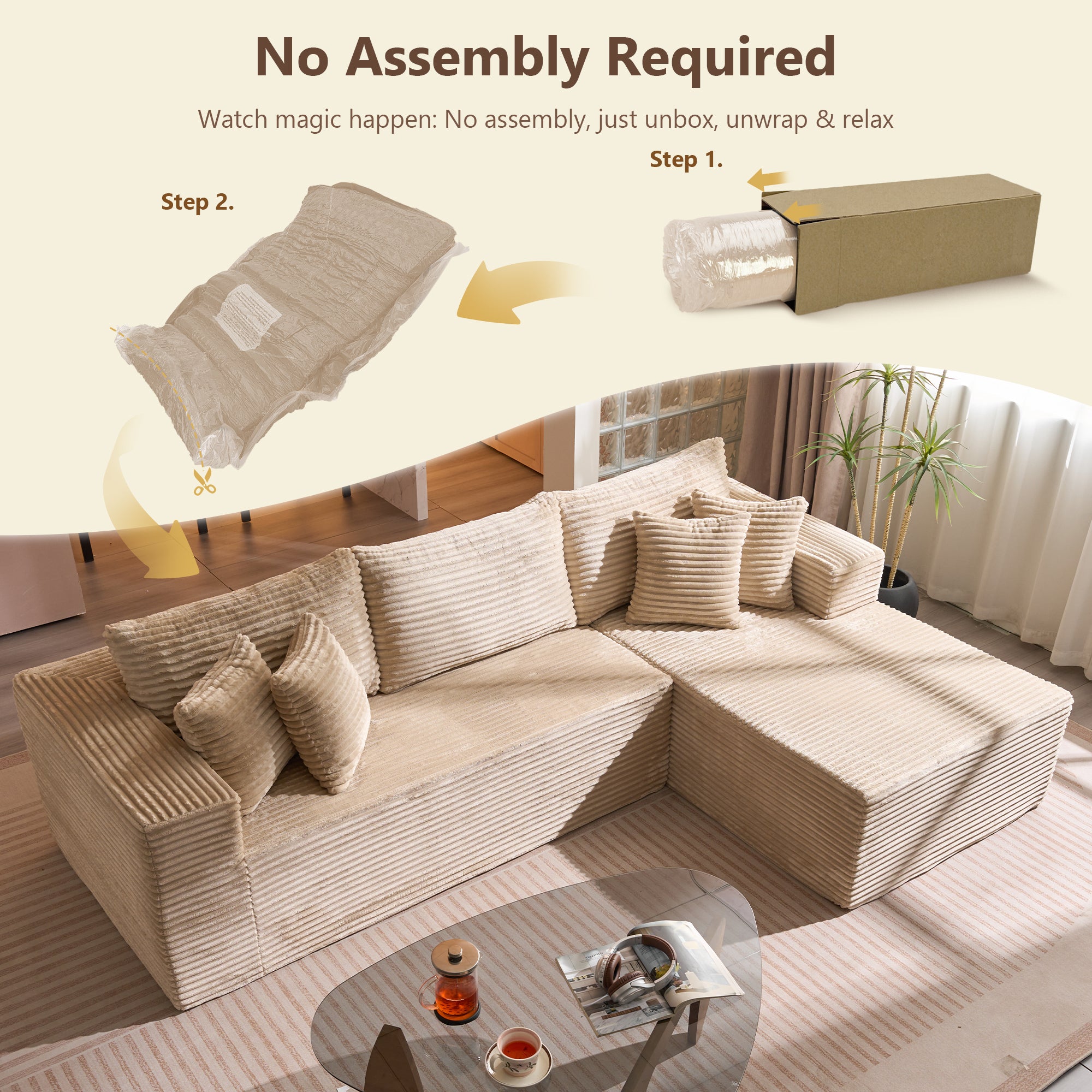 OVIOS 104" L-Shape Modular Couch with Chaise, Plush Corduroy Fabric, No Assembly Required