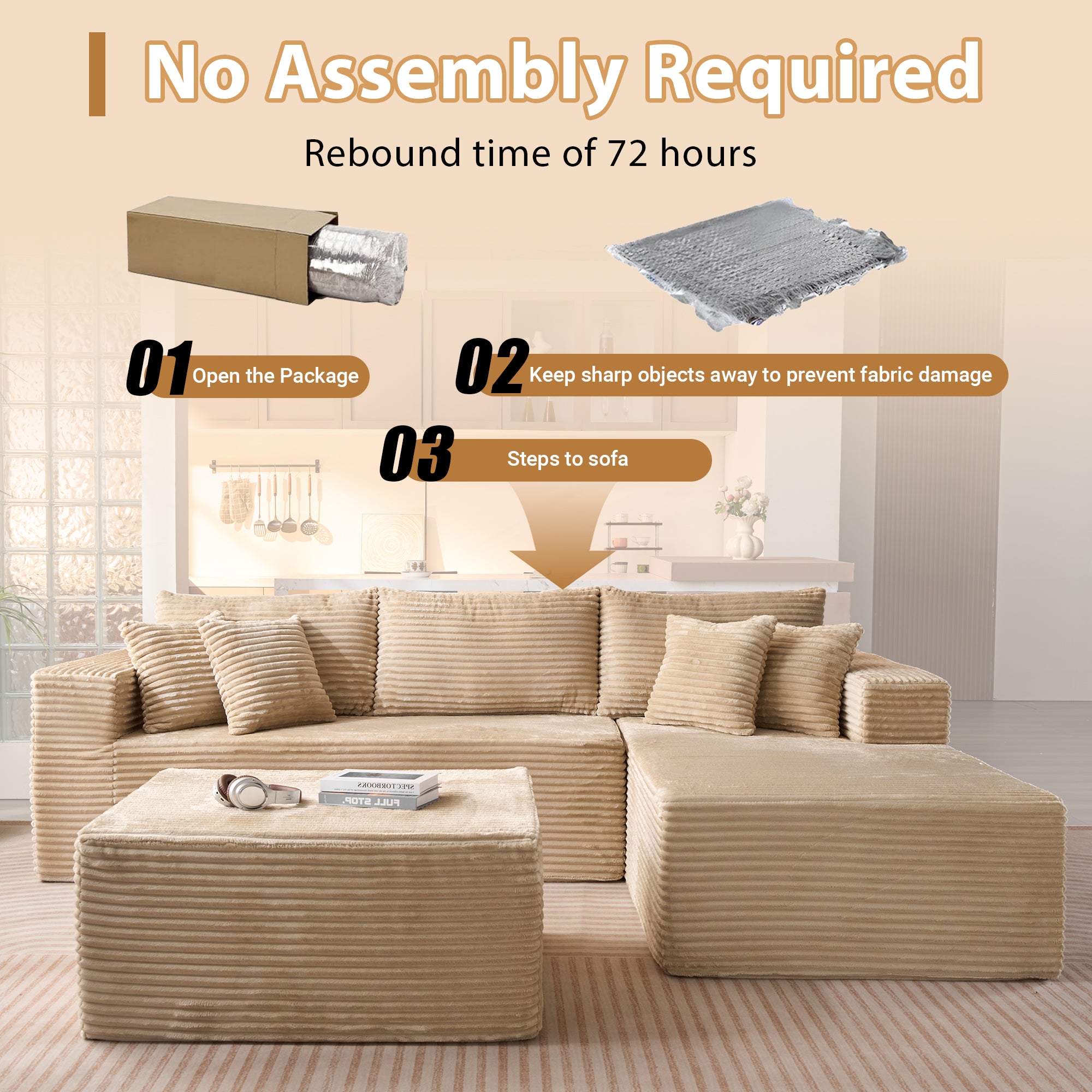 OVIOS 108" U-Shape Modular Couch with Ottoman, Plush Corduroy Fabric, No Assembly Required