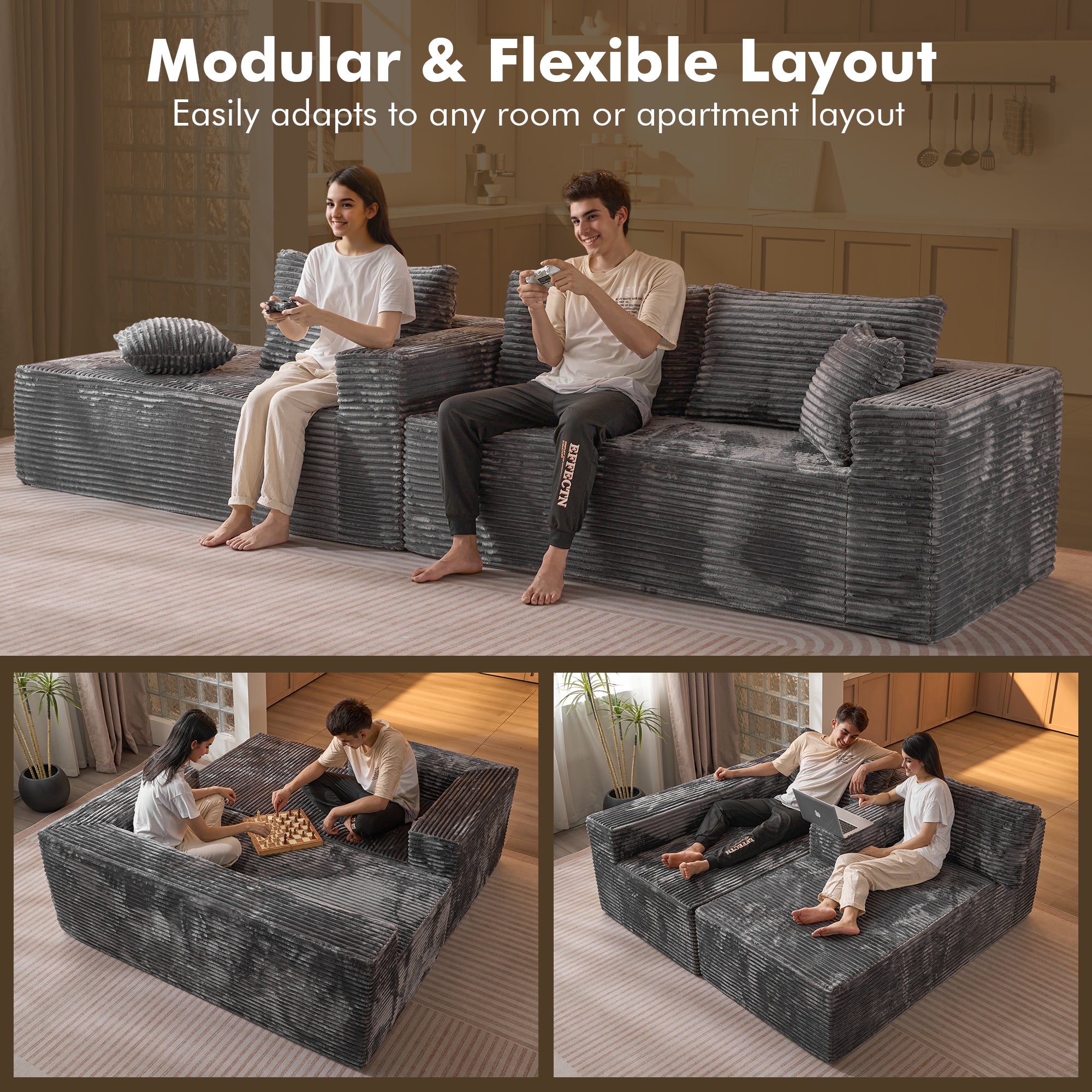 OVIOS 104" L-Shape Modular Couch with Chaise, Plush Corduroy Fabric, No Assembly Required