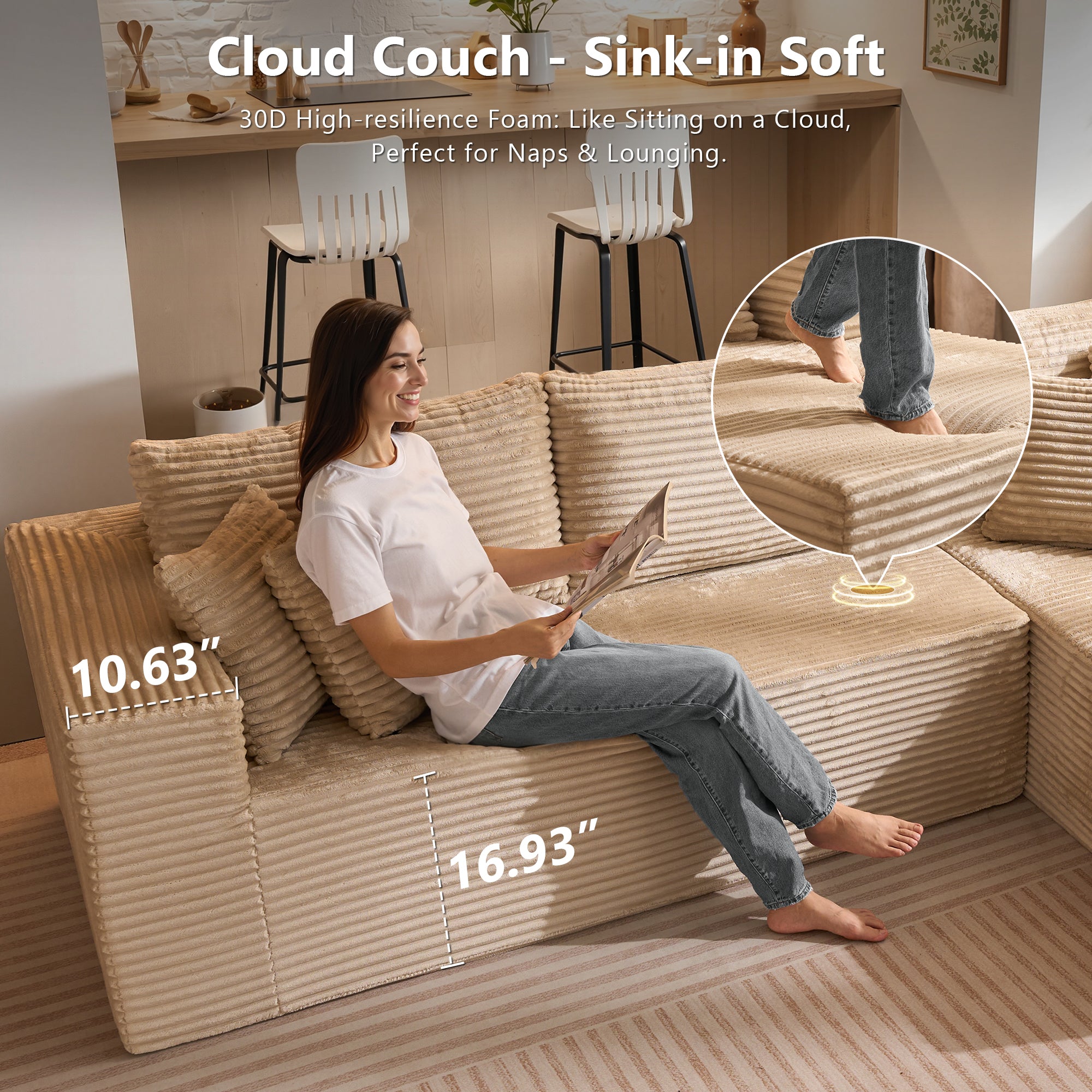 OVIOS 104" L-Shape Modular Couch with Chaise, Plush Corduroy Fabric, No Assembly Required