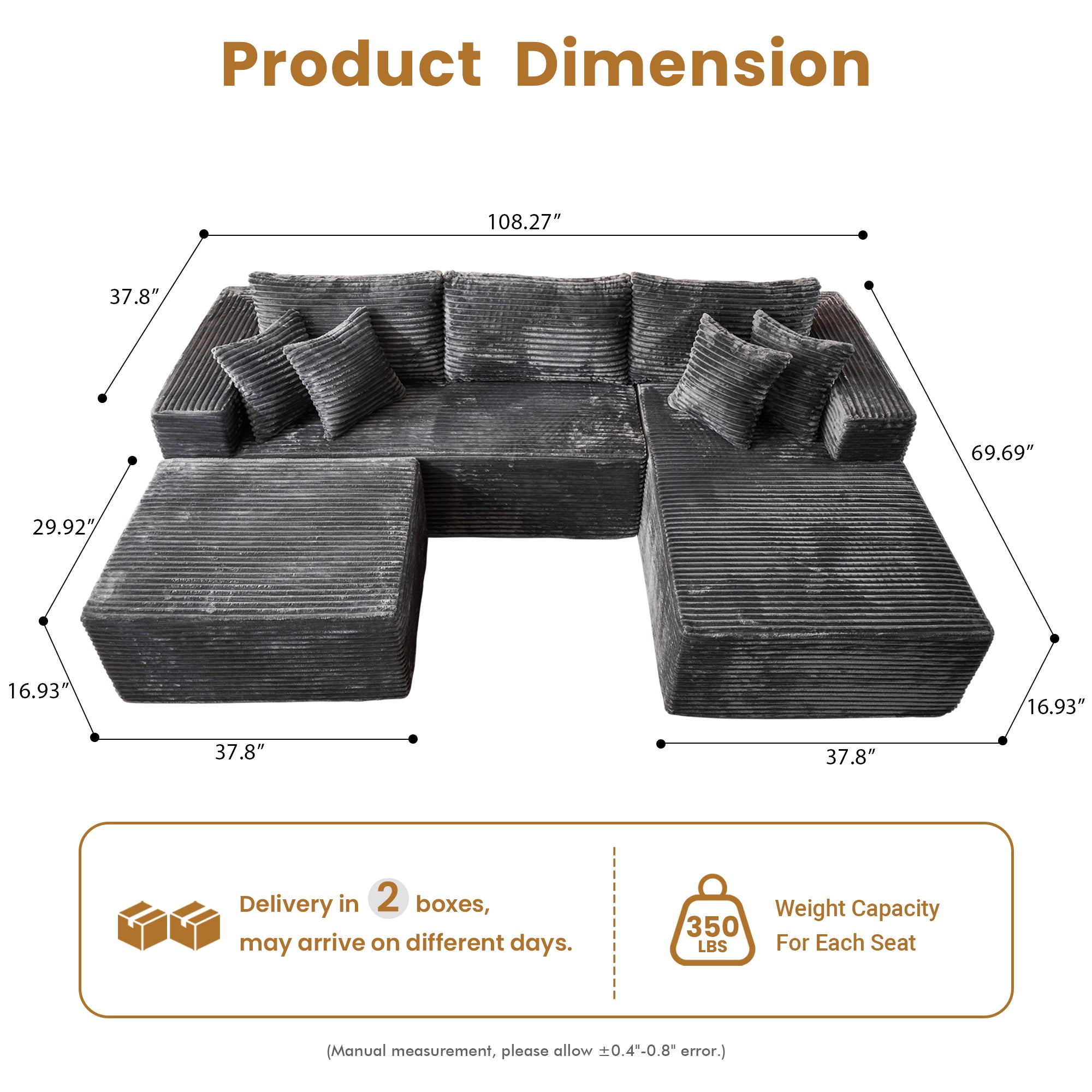 OVIOS 108" U-Shape Modular Couch with Ottoman, Plush Corduroy Fabric, No Assembly Required