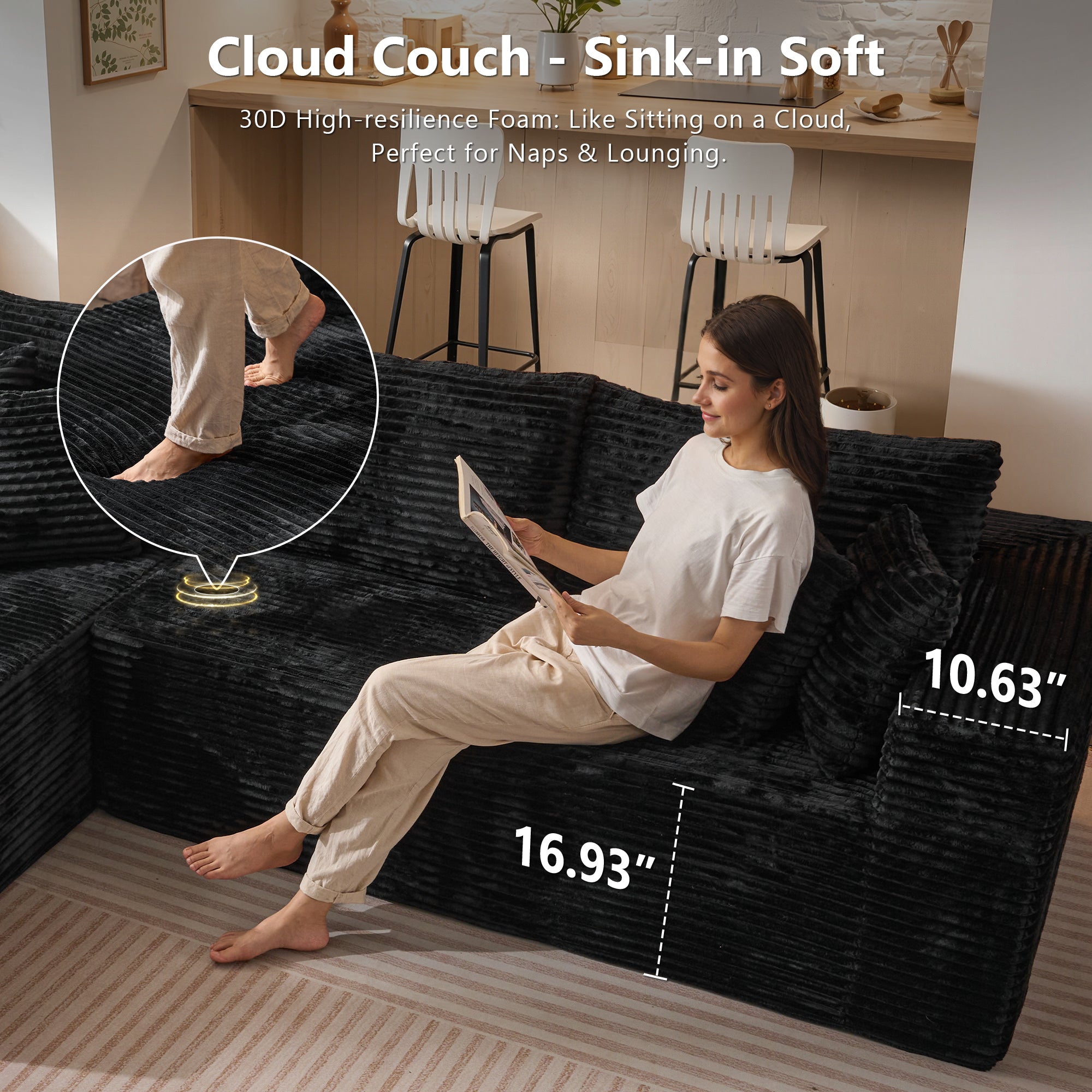 OVIOS 104" L-Shape Modular Couch with Chaise, Plush Corduroy Fabric, No Assembly Required