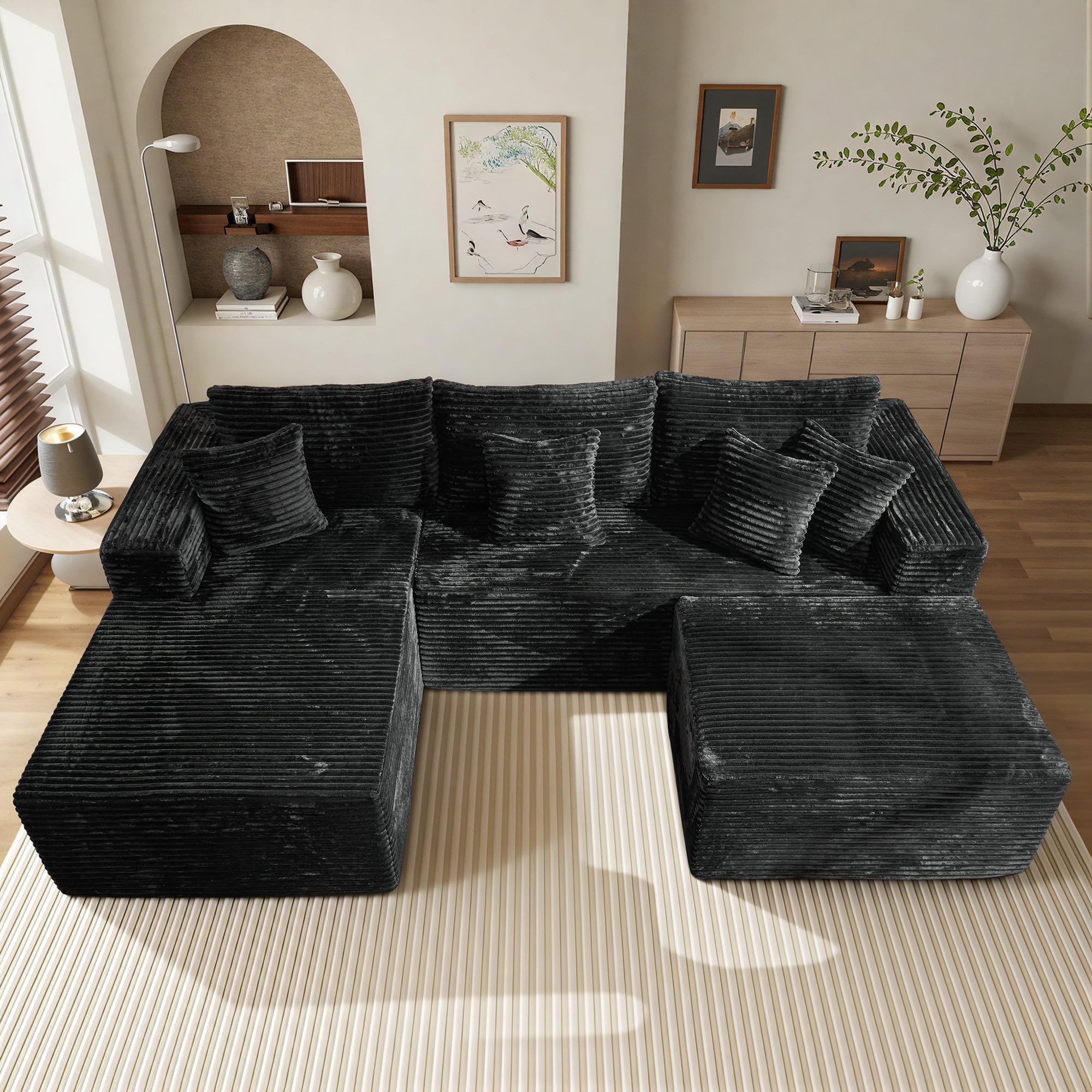 OVIOS 108" U-Shape Modular Couch with Ottoman, Plush Corduroy Fabric, No Assembly Required