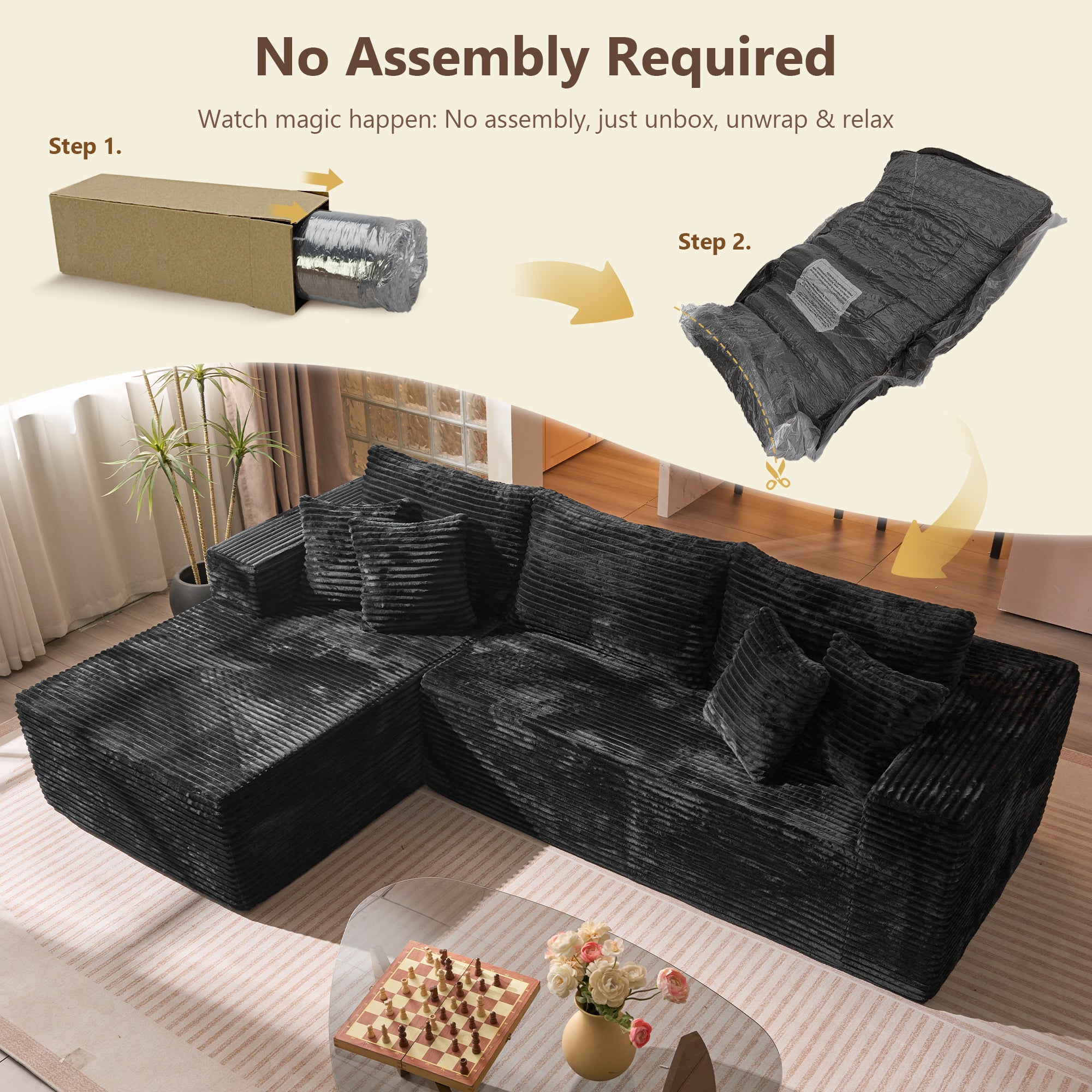 OVIOS 104" L-Shape Modular Couch with Chaise, Plush Corduroy Fabric, No Assembly Required