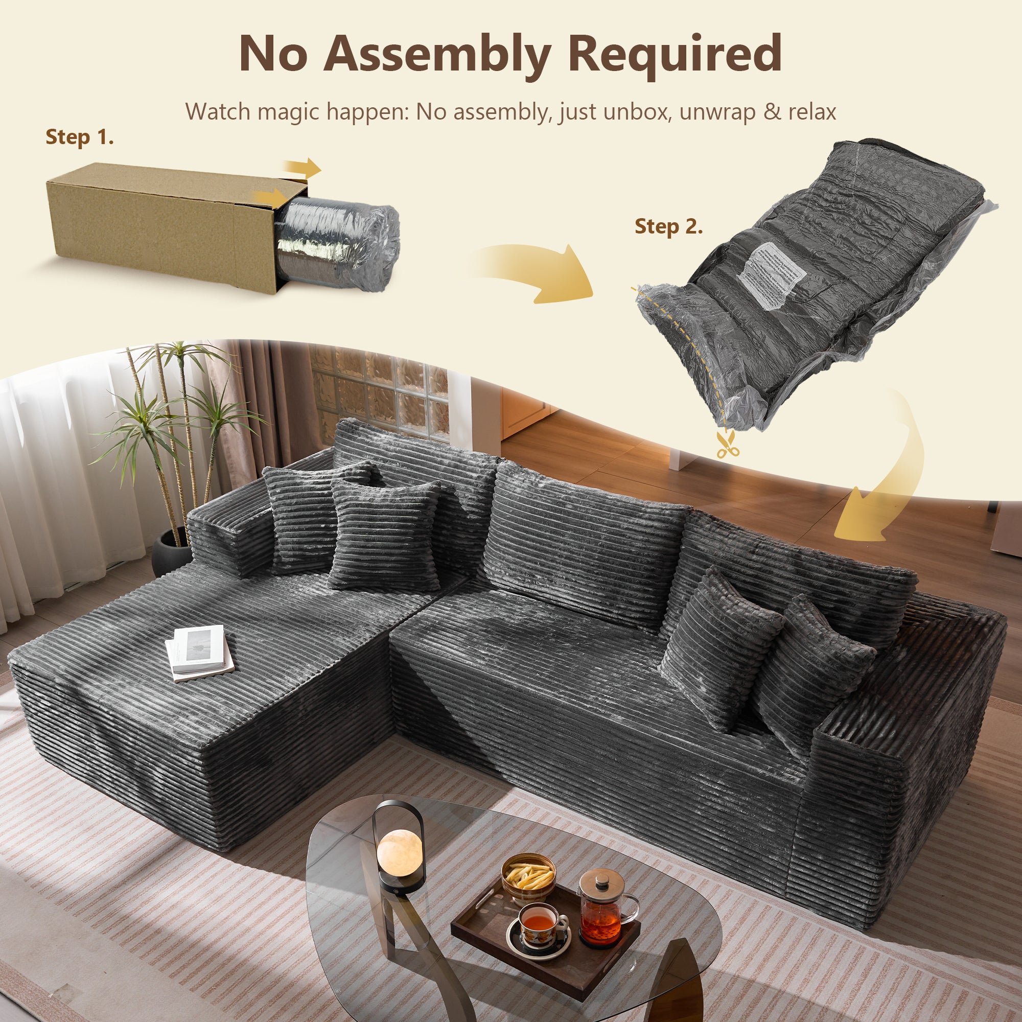 OVIOS 104" L-Shape Modular Couch with Chaise, Plush Corduroy Fabric, No Assembly Required