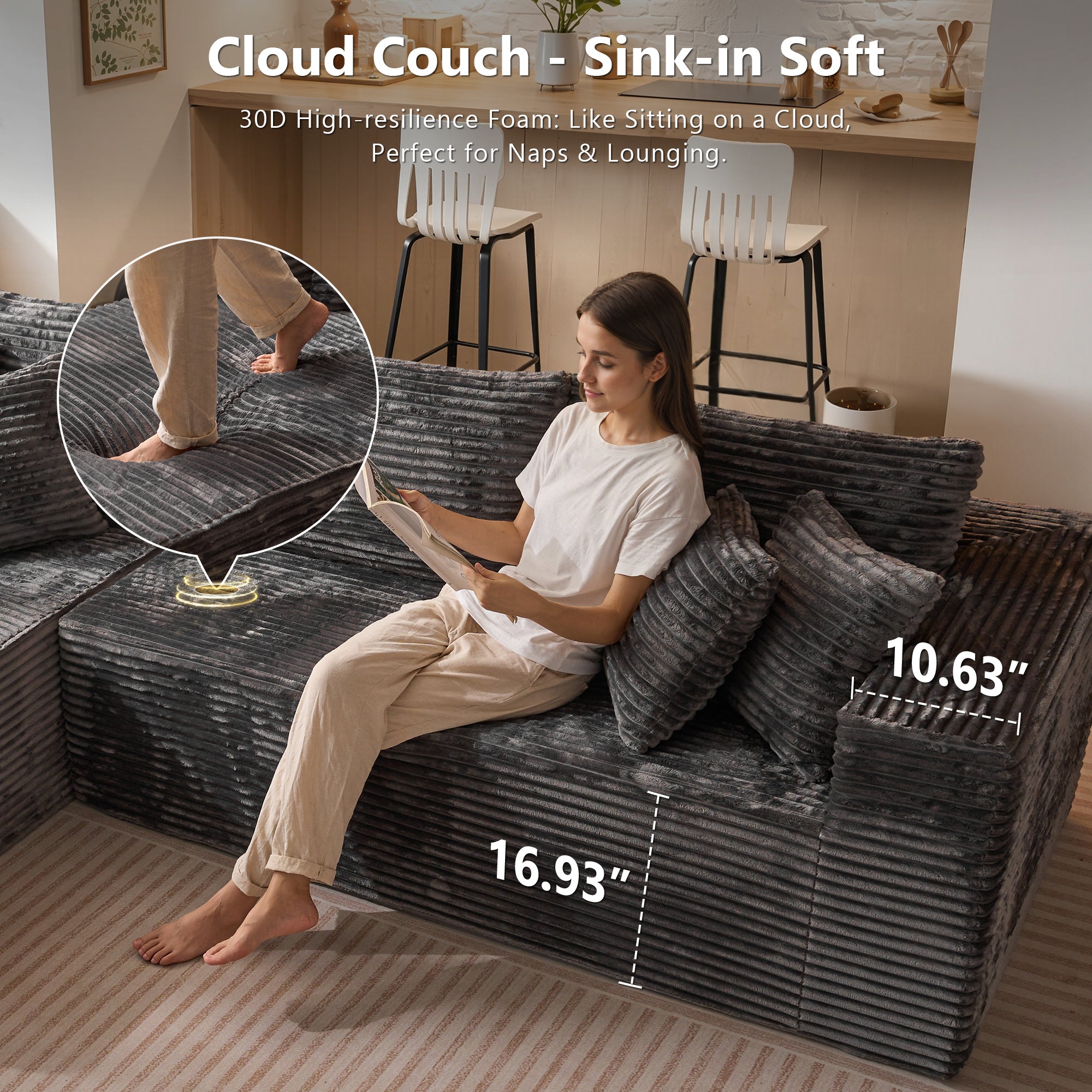 OVIOS 104" L-Shape Modular Couch with Chaise, Plush Corduroy Fabric, No Assembly Required