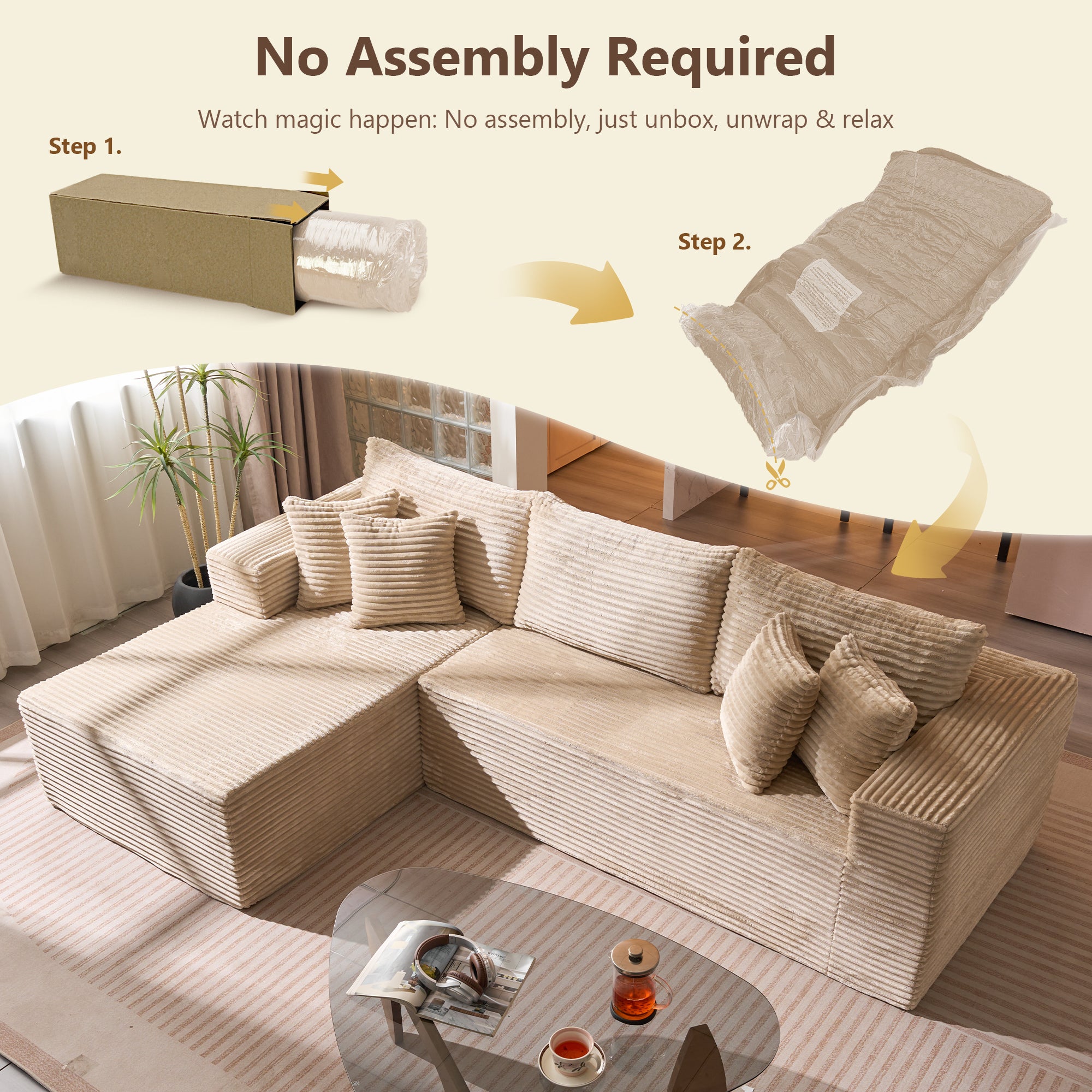 OVIOS 104" L-Shape Modular Couch with Chaise, Plush Corduroy Fabric, No Assembly Required