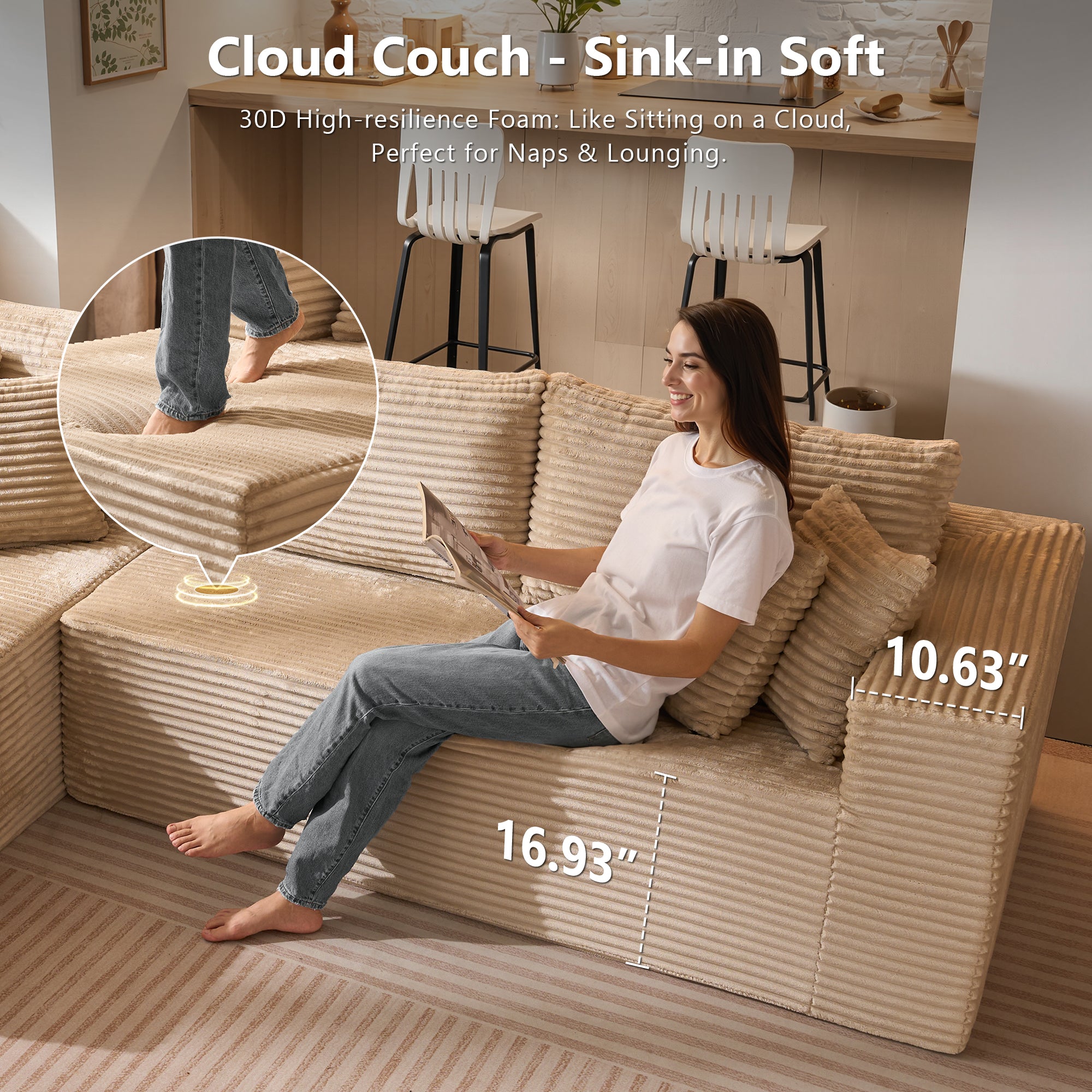 OVIOS 104" L-Shape Modular Couch with Chaise, Plush Corduroy Fabric, No Assembly Required