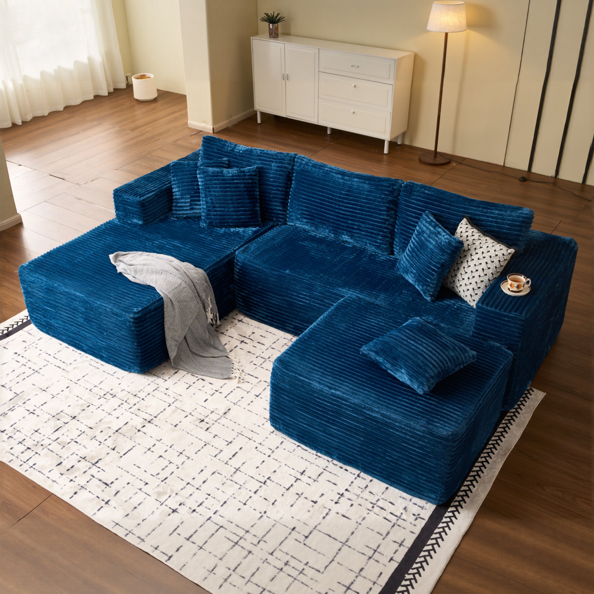 OVIOS 108" U-Shape Modular Couch with Ottoman, Plush Corduroy Fabric, No Assembly Required