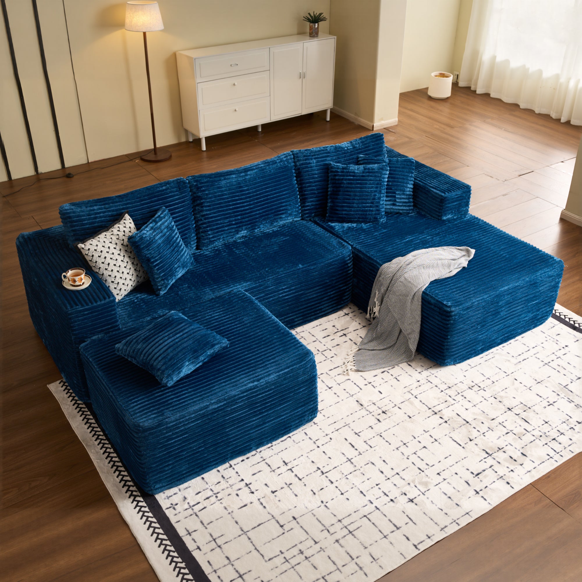 OVIOS 108" U-Shape Modular Couch with Ottoman, Plush Corduroy Fabric, No Assembly Required