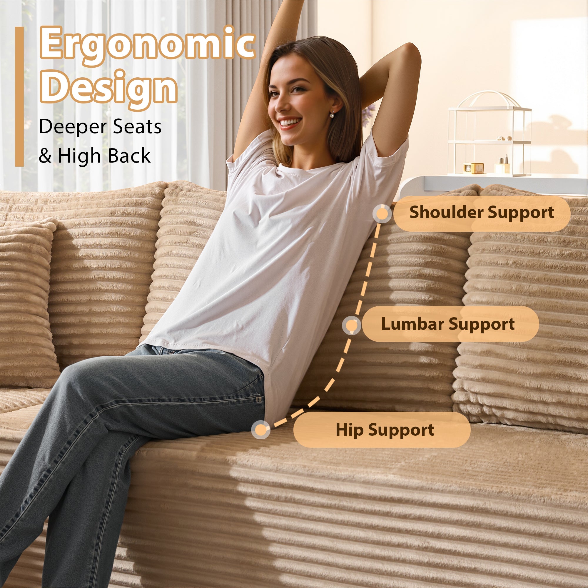 OVIOS 108" U-Shape Modular Couch with Ottoman, Plush Corduroy Fabric, No Assembly Required