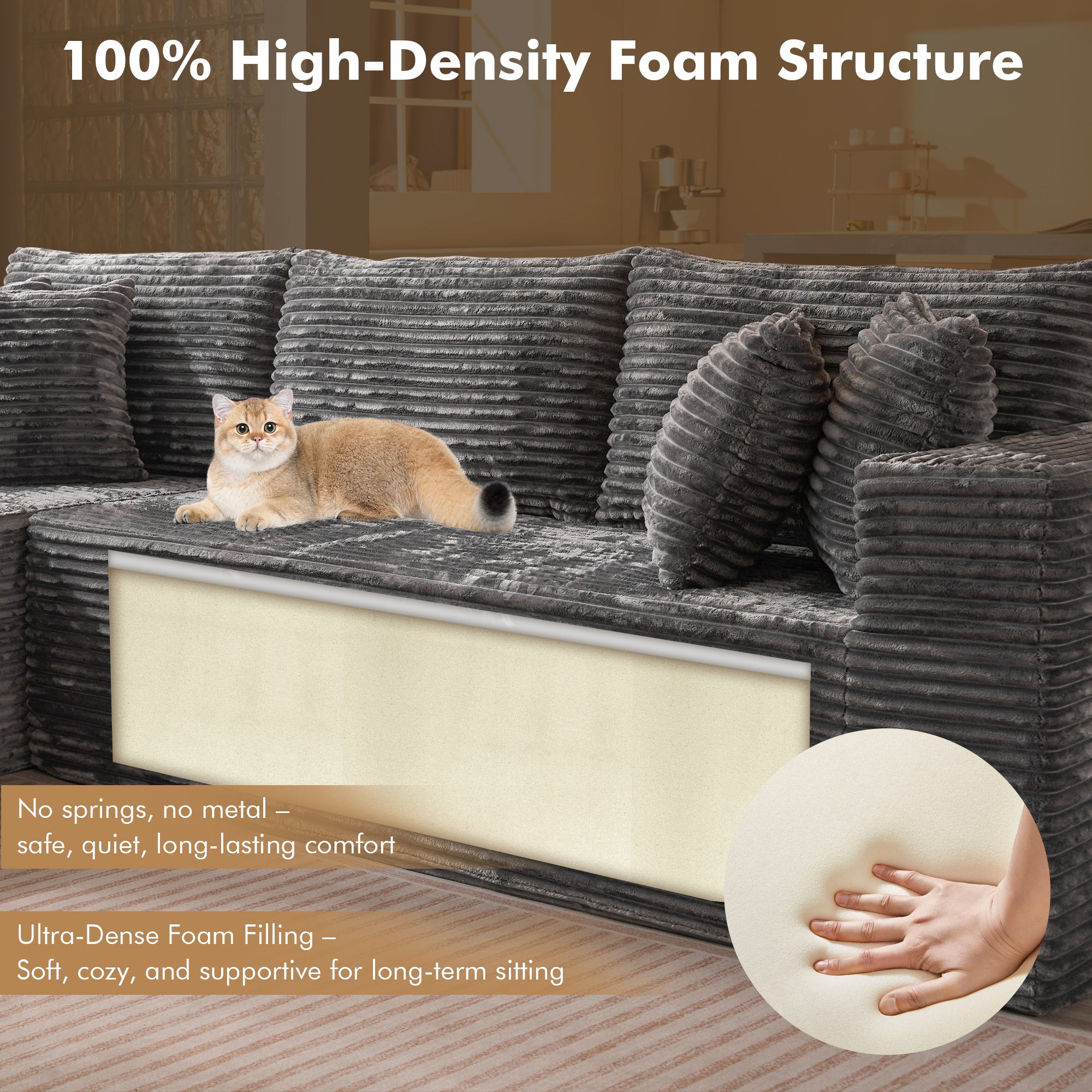 OVIOS 104" L-Shape Modular Couch with Chaise, Plush Corduroy Fabric, No Assembly Required